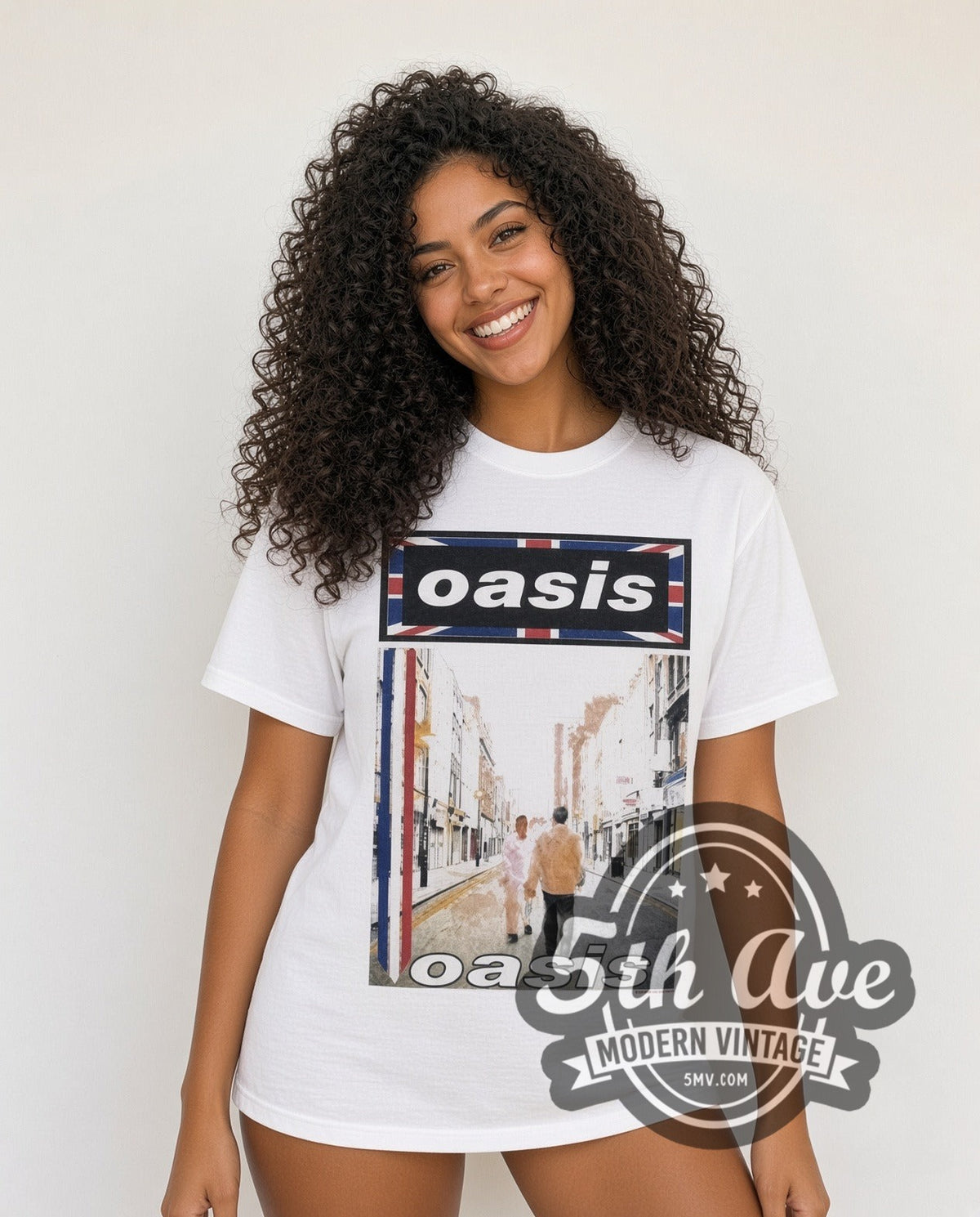 Model wearing the Oasis Street vintage band t-shirt in white