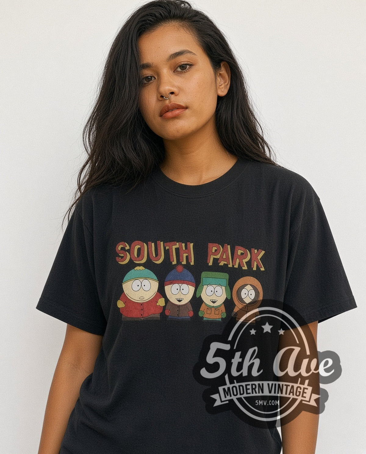Model wearing the South Park vintage cartoon tee