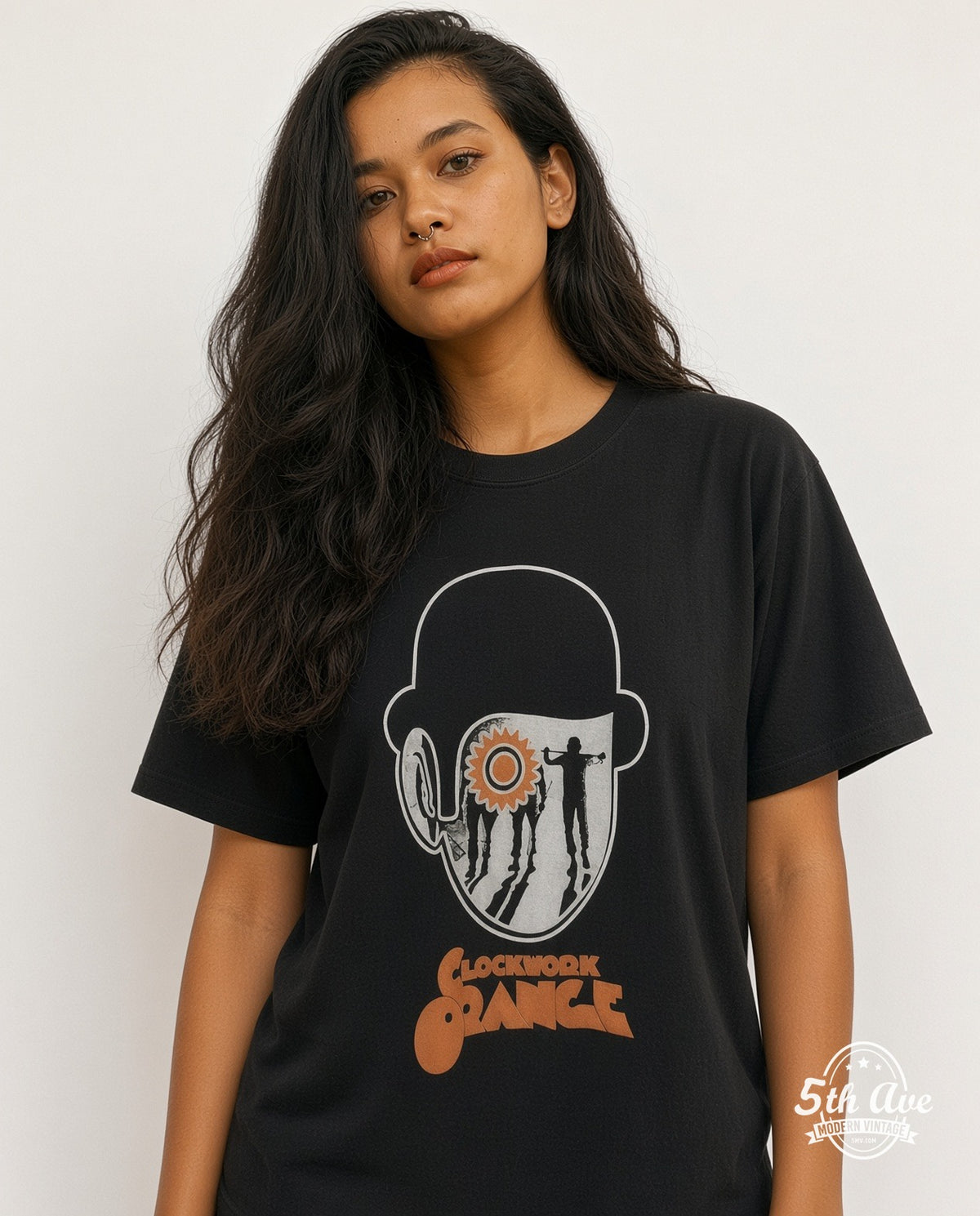 Model wearing the A Clockwork Orange Bowler Hat Cog Eye Droogs Poster vintage graphic t-shirt