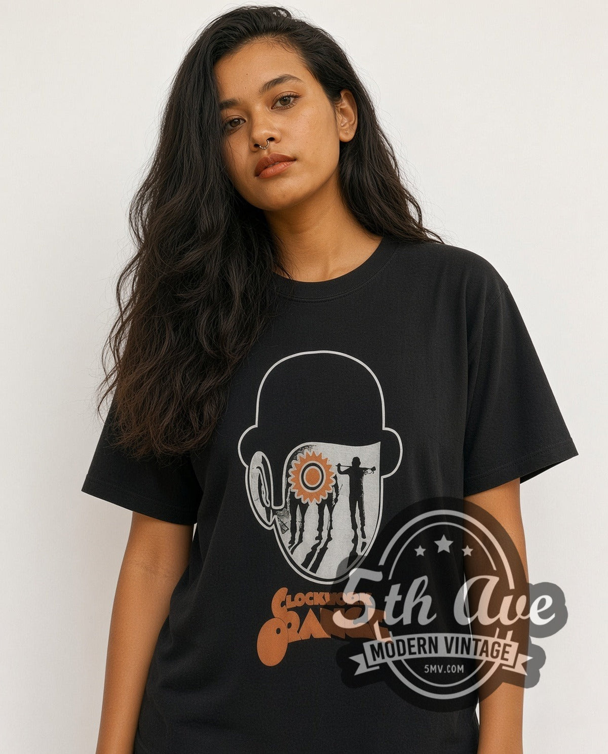 Model wearing the A Clockwork Orange Bowler Hat Cog Eye Droogs Poster vintage movie t-shirt
