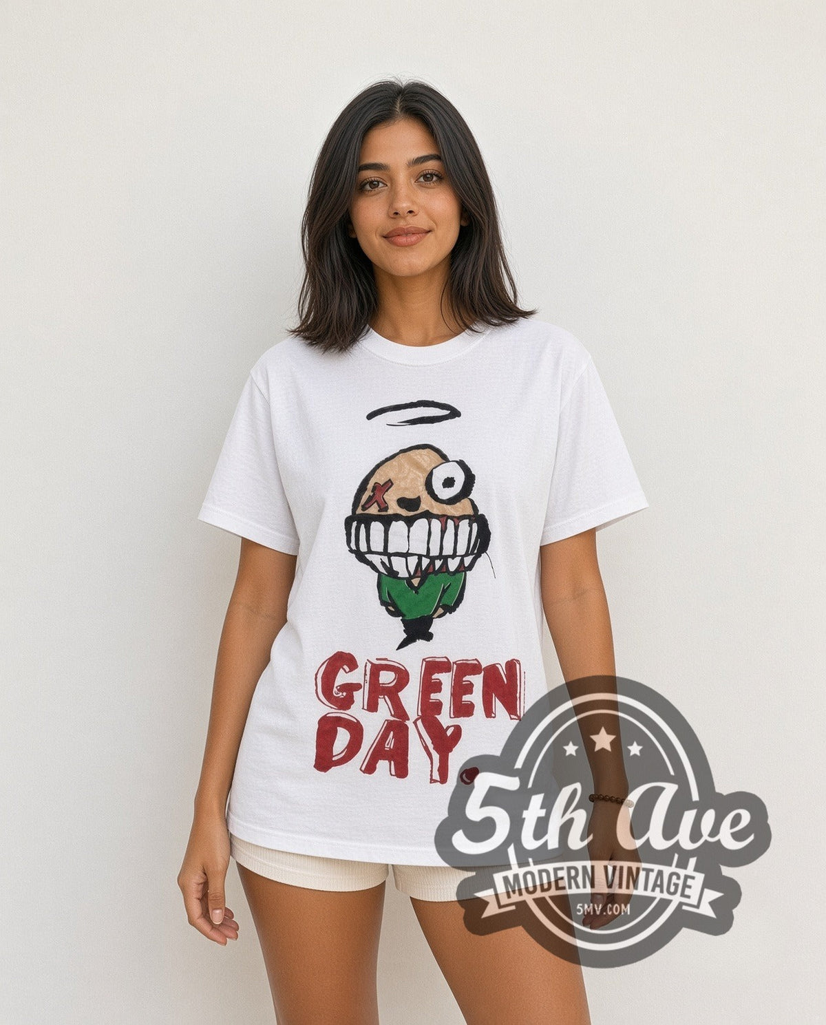 Model wearing the Green Day Smiley vintage band t-shirt in white