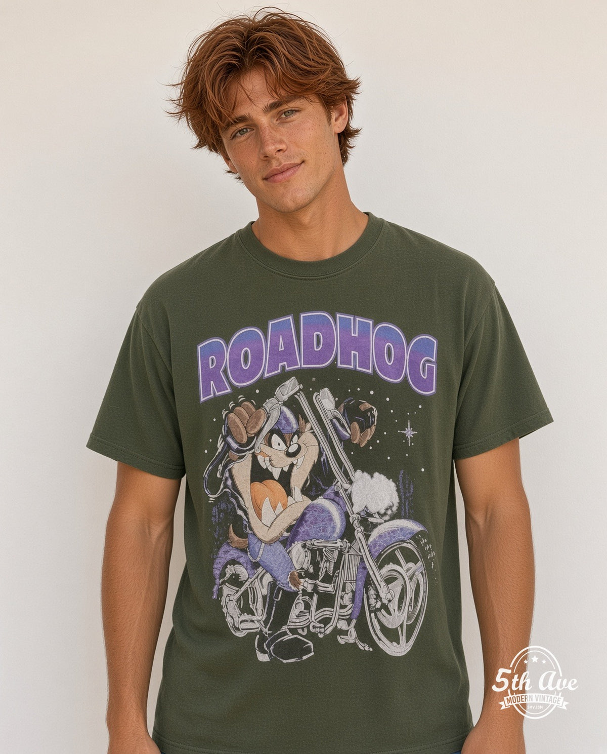 Model wearing the Taz Roadhog Harley Davidson graphic tee