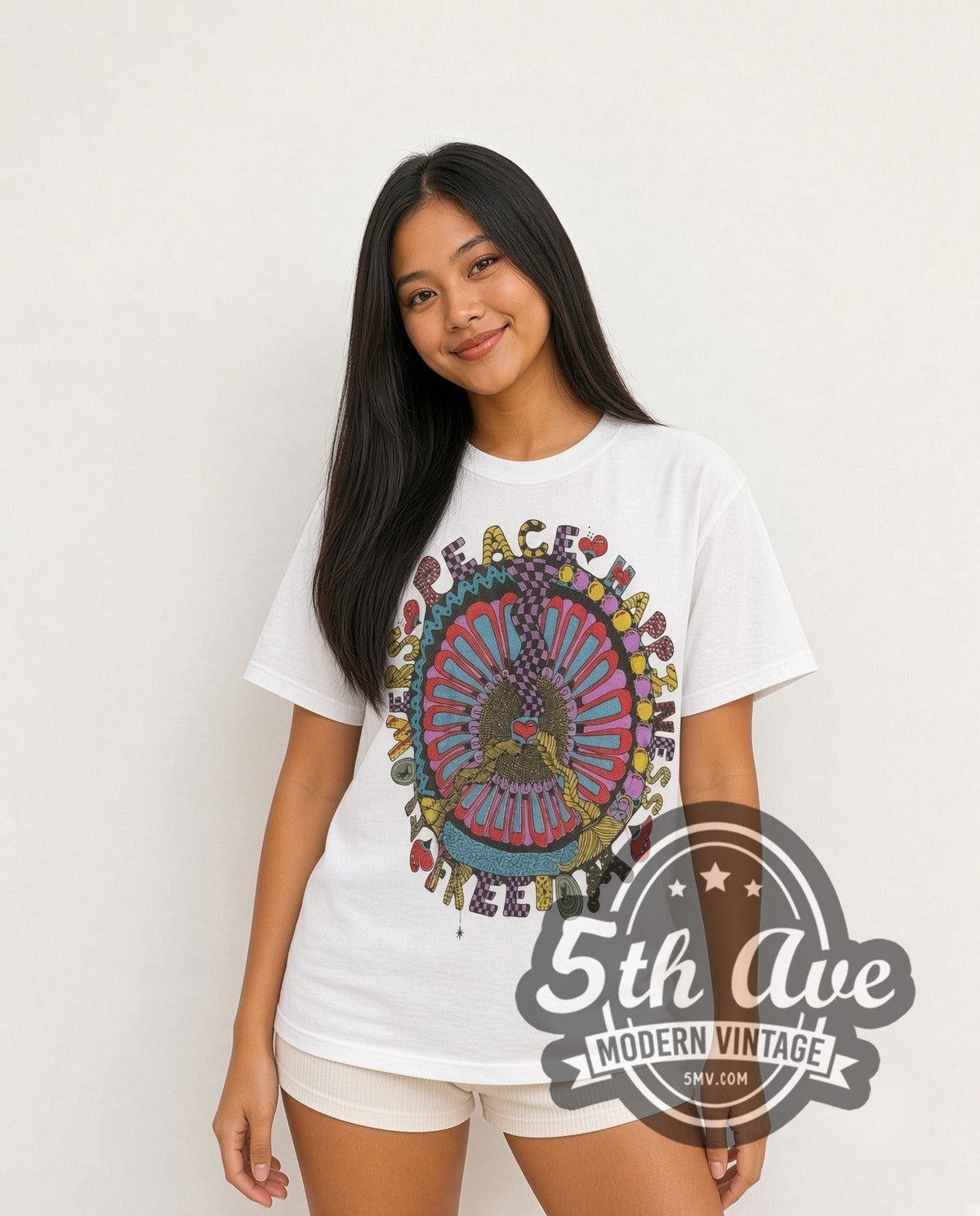 Model wearing the Bloom in Peace Celebration of Happiness and Freedom vintage graphic tee