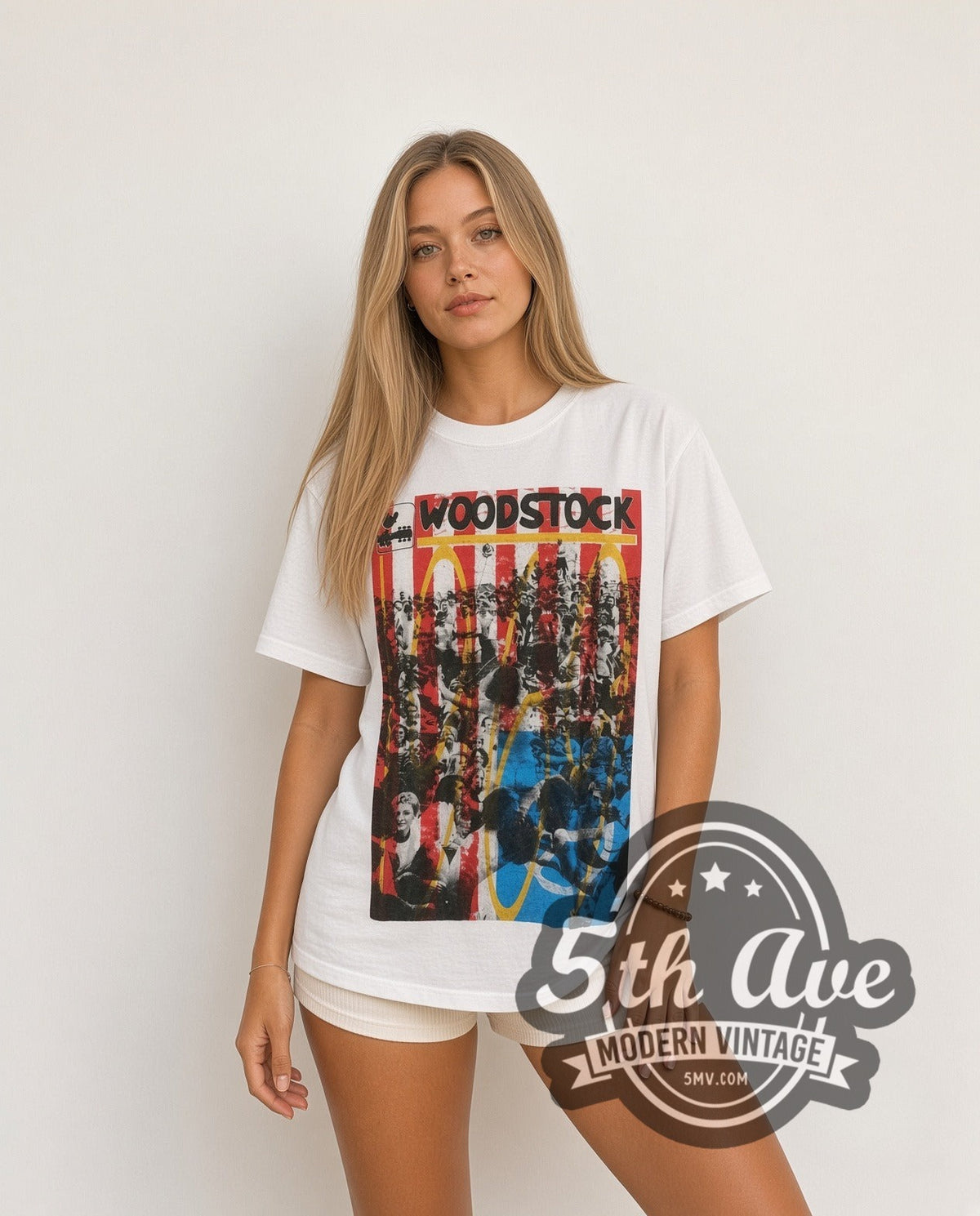 Model wearing the Woodstock Festival Graphic vintage graphic tee