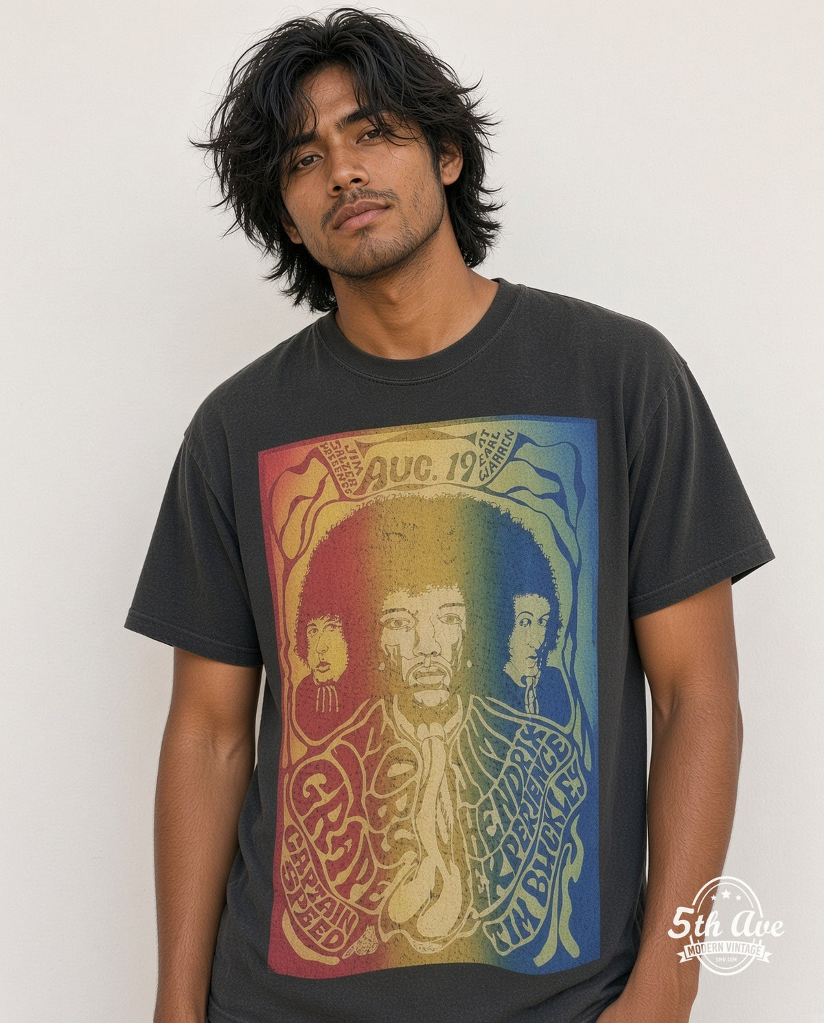 Model wearing the Jimi Hendrix Moby Grape / Captain Speed vintage band t-shirt