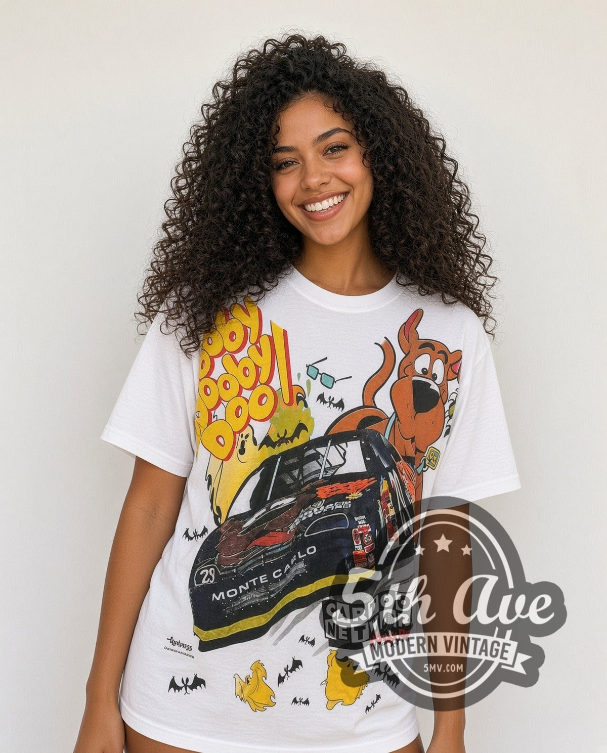 Model wearing the Scooby-Doo NASCAR Monte Carlo Mysteries vintage NASCAR tee