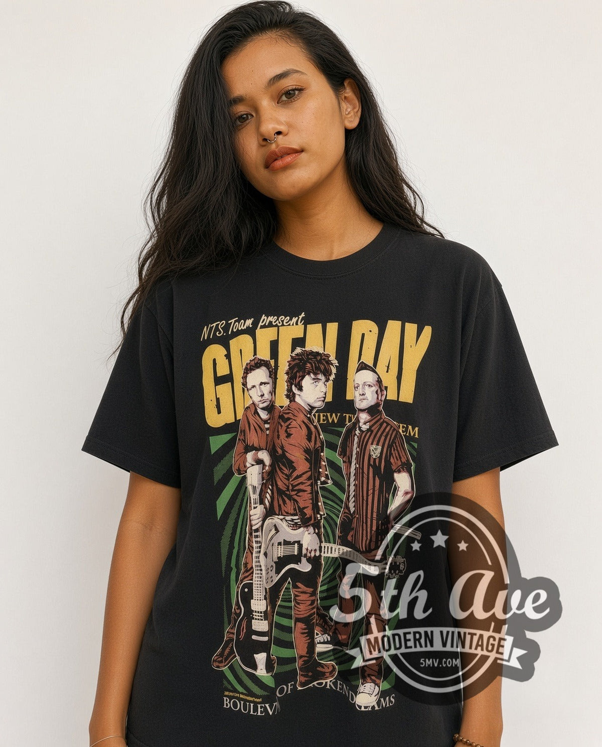 Model wearing the Green Day Revolution Radio vintage band t-shirt