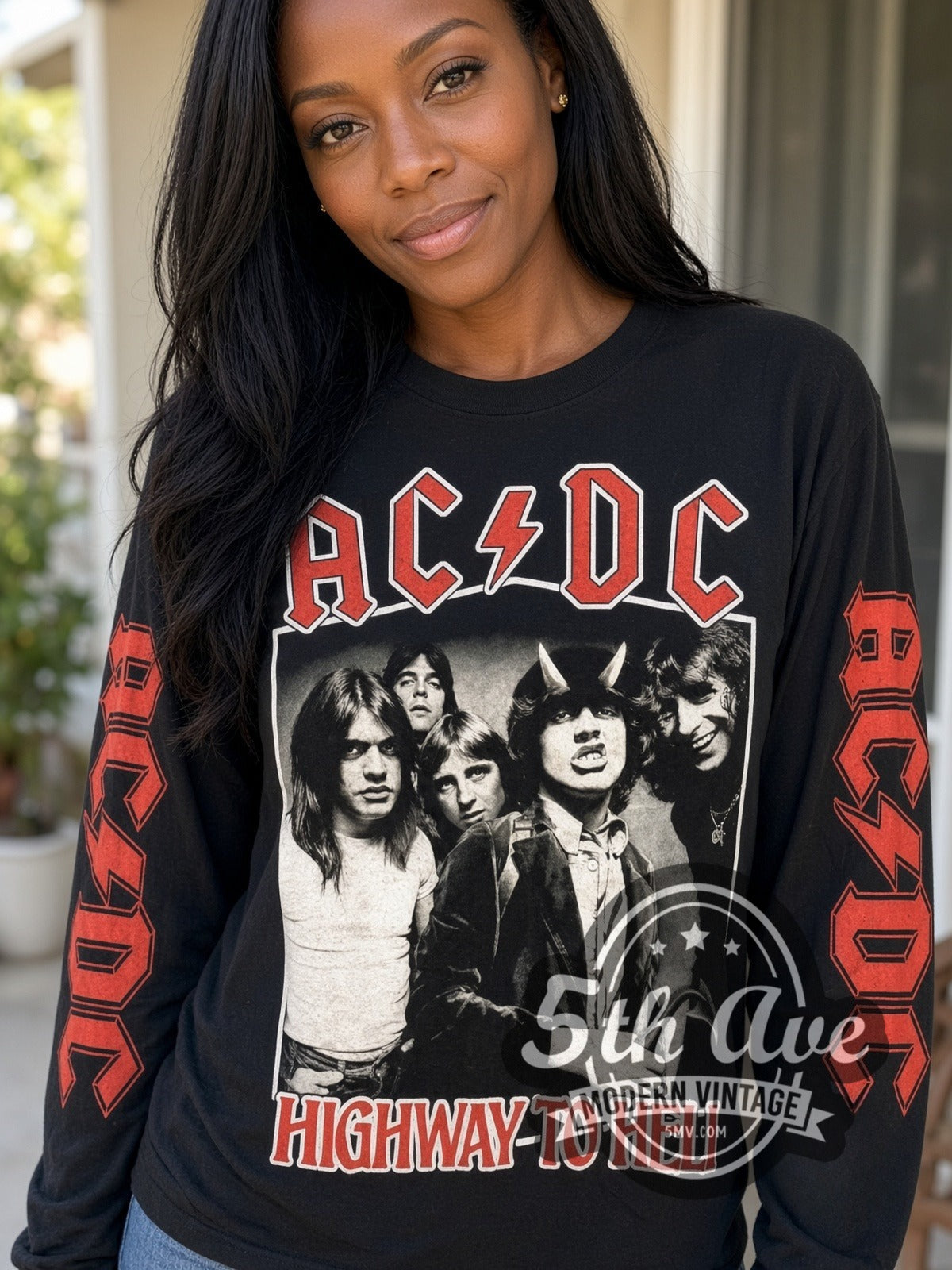 Model wearing the AC/DC Highway to Hell Band Photo vintage band long sleeve t-shirt