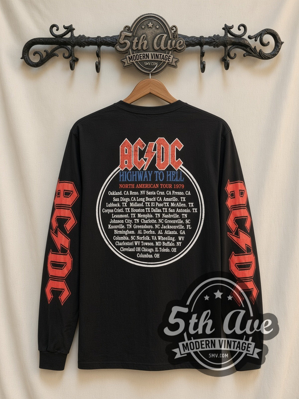 AC/DC Highway to Hell Band Photo vintage band long sleeve t-shirt, back view on a display rack