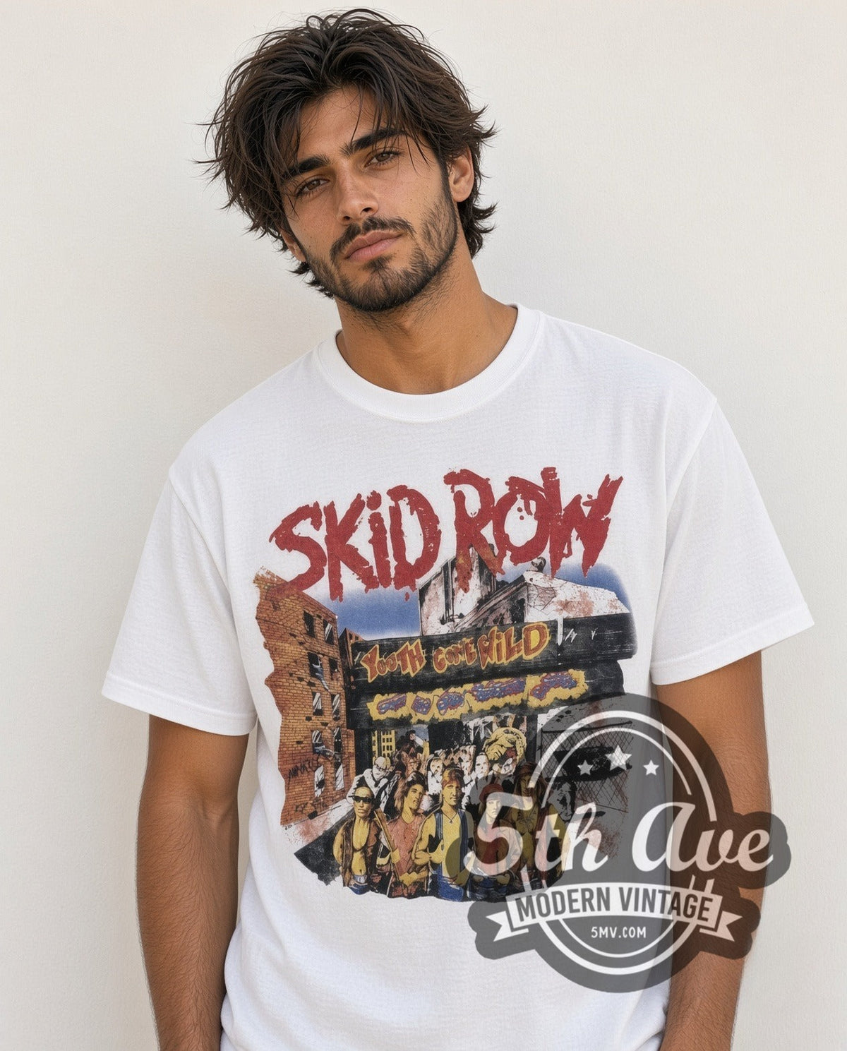 Model wearing the Skid Row Youth Gone Wild vintage band t-shirt in white