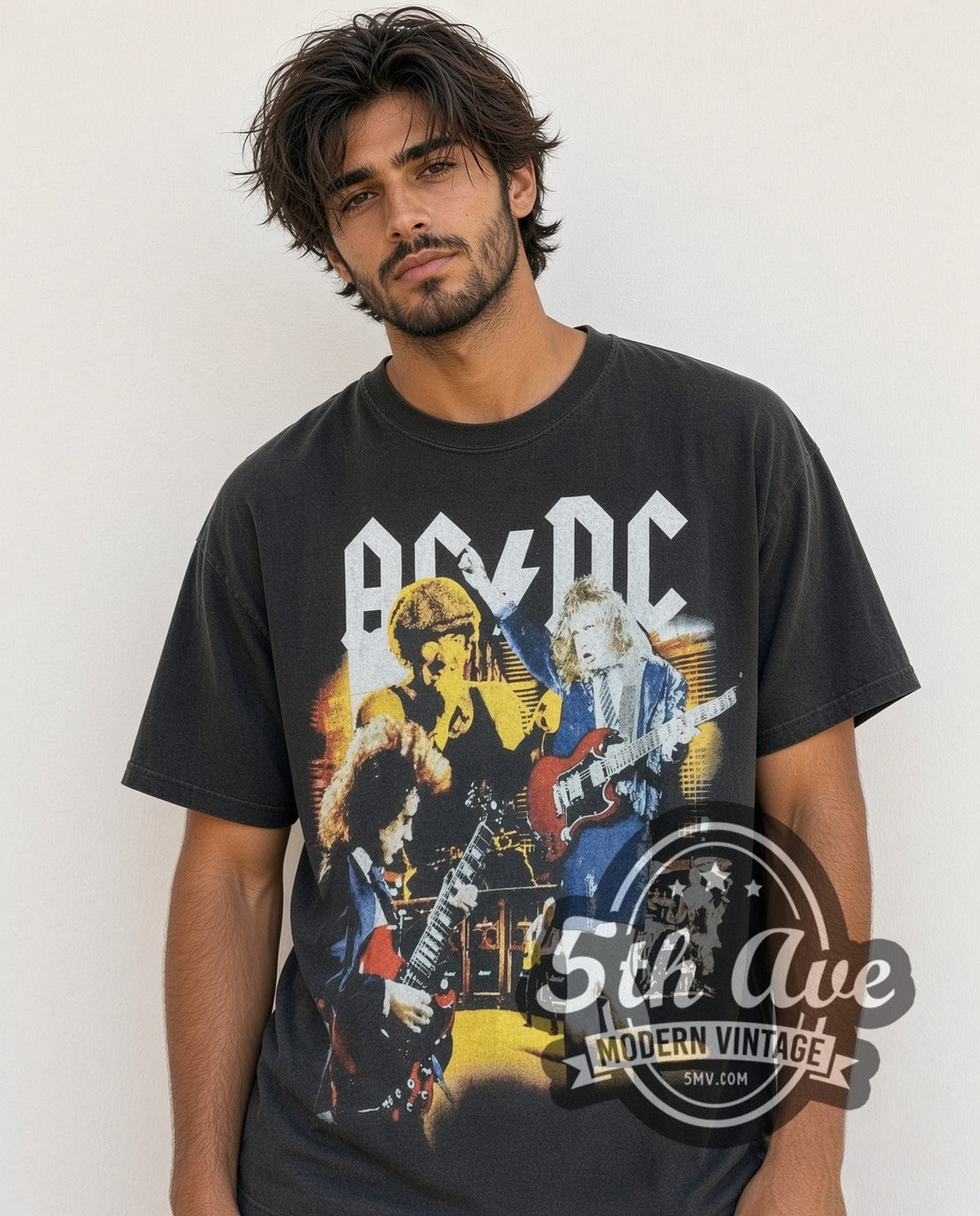 Model wearing the AC/DC vintage band t-shirt