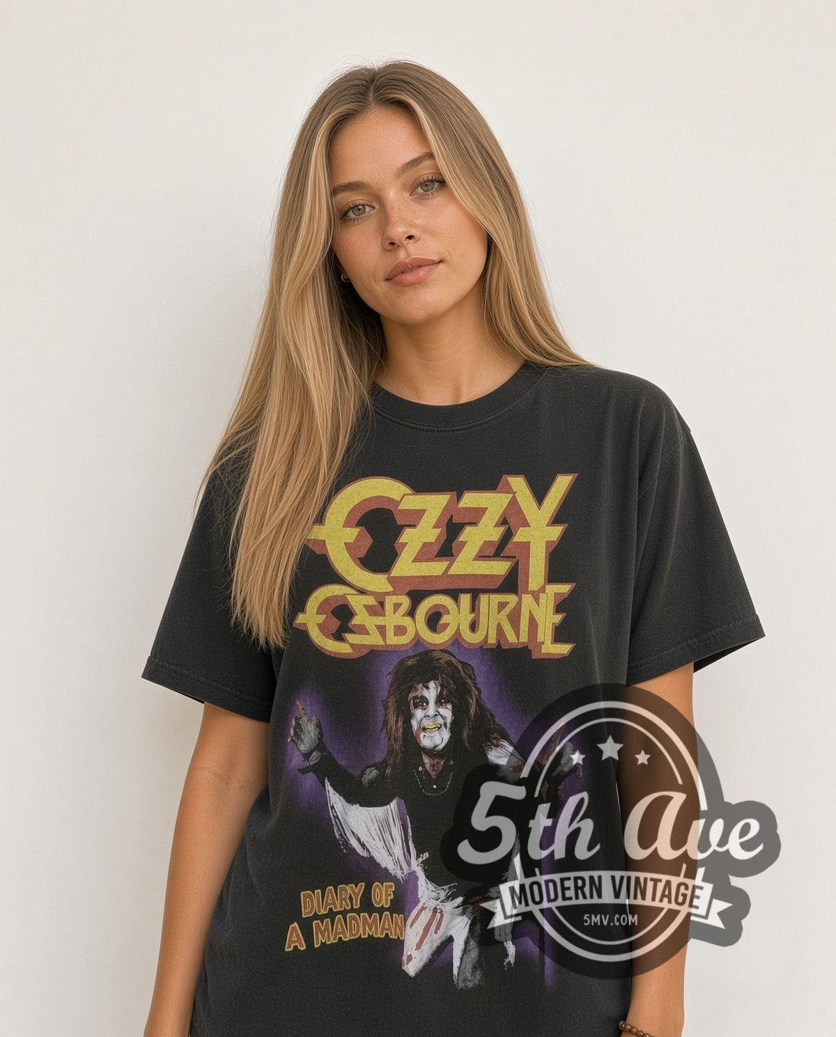 Model wearing the Ozzy Osbourne Diary of a Madman vintage band t-shirt