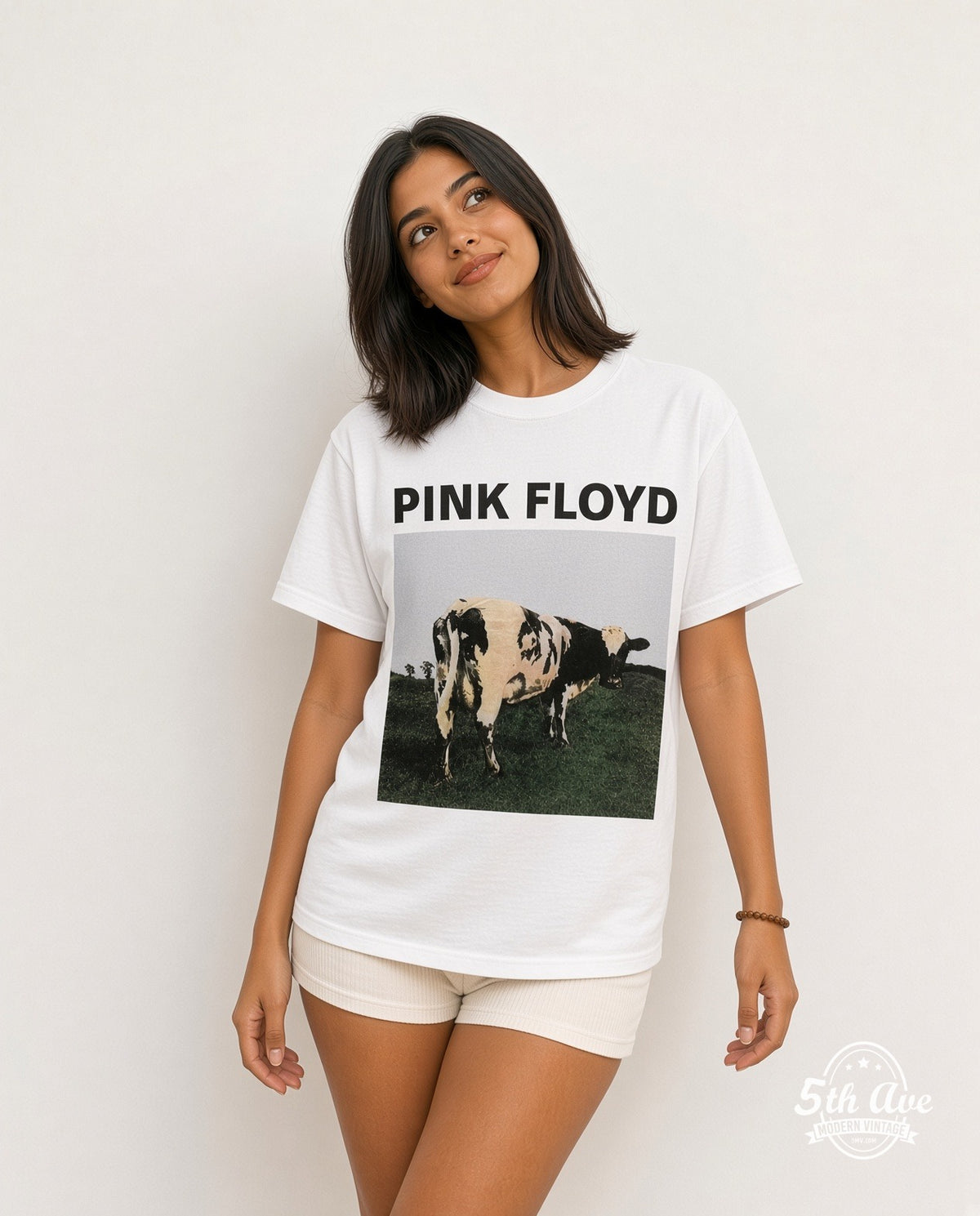 Model wearing the Pink Floyd Atom Heart Mother Cow Front vintage band t-shirt