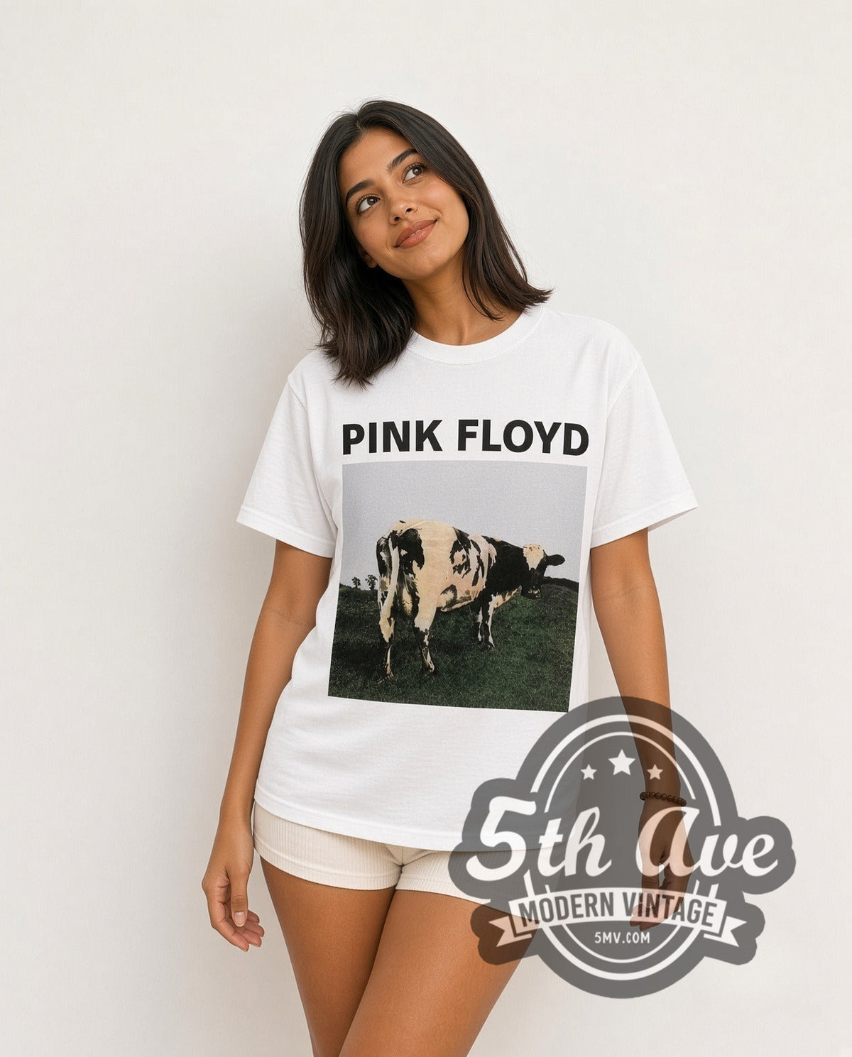 Model wearing the Pink Floyd Atom Heart Mother Cow Front vintage band t-shirt