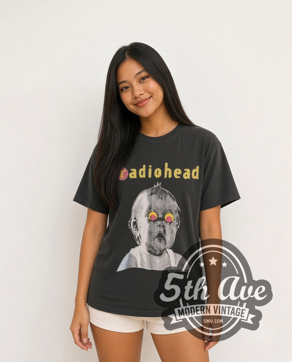 Model wearing the Radiohead Pablo Honey Baby Glowing Eyes vintage band t-shirt