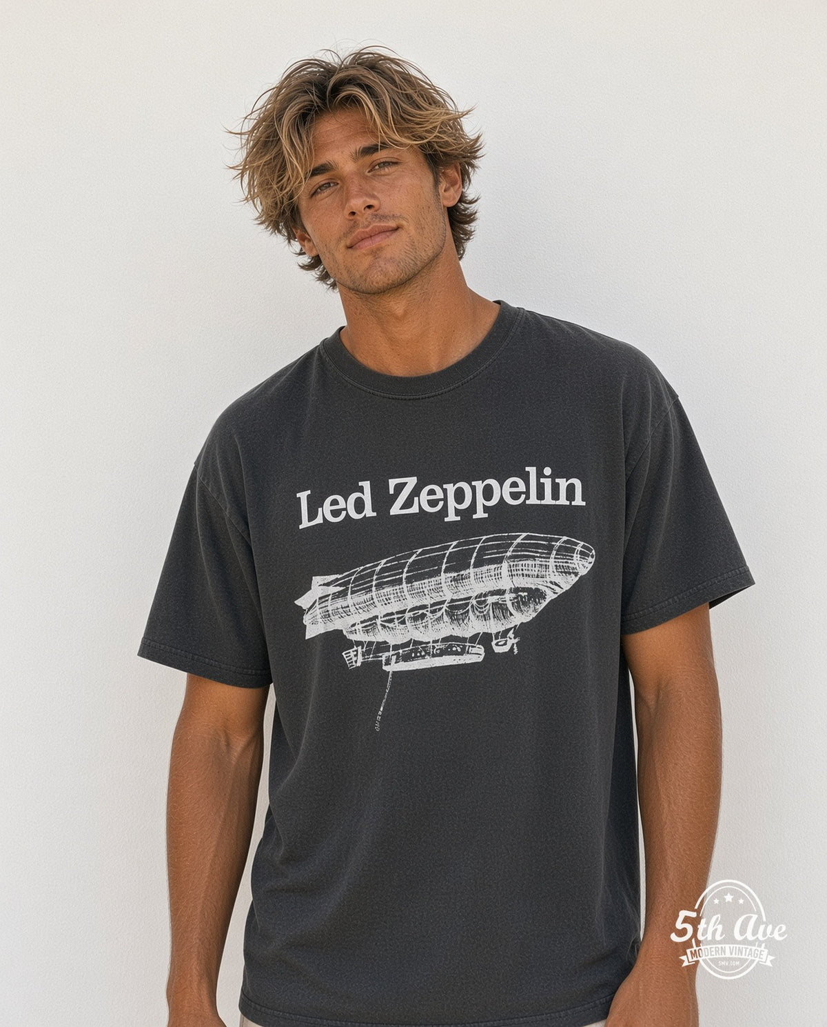 Model wearing the Led Zeppelin Airship vintage band t-shirt