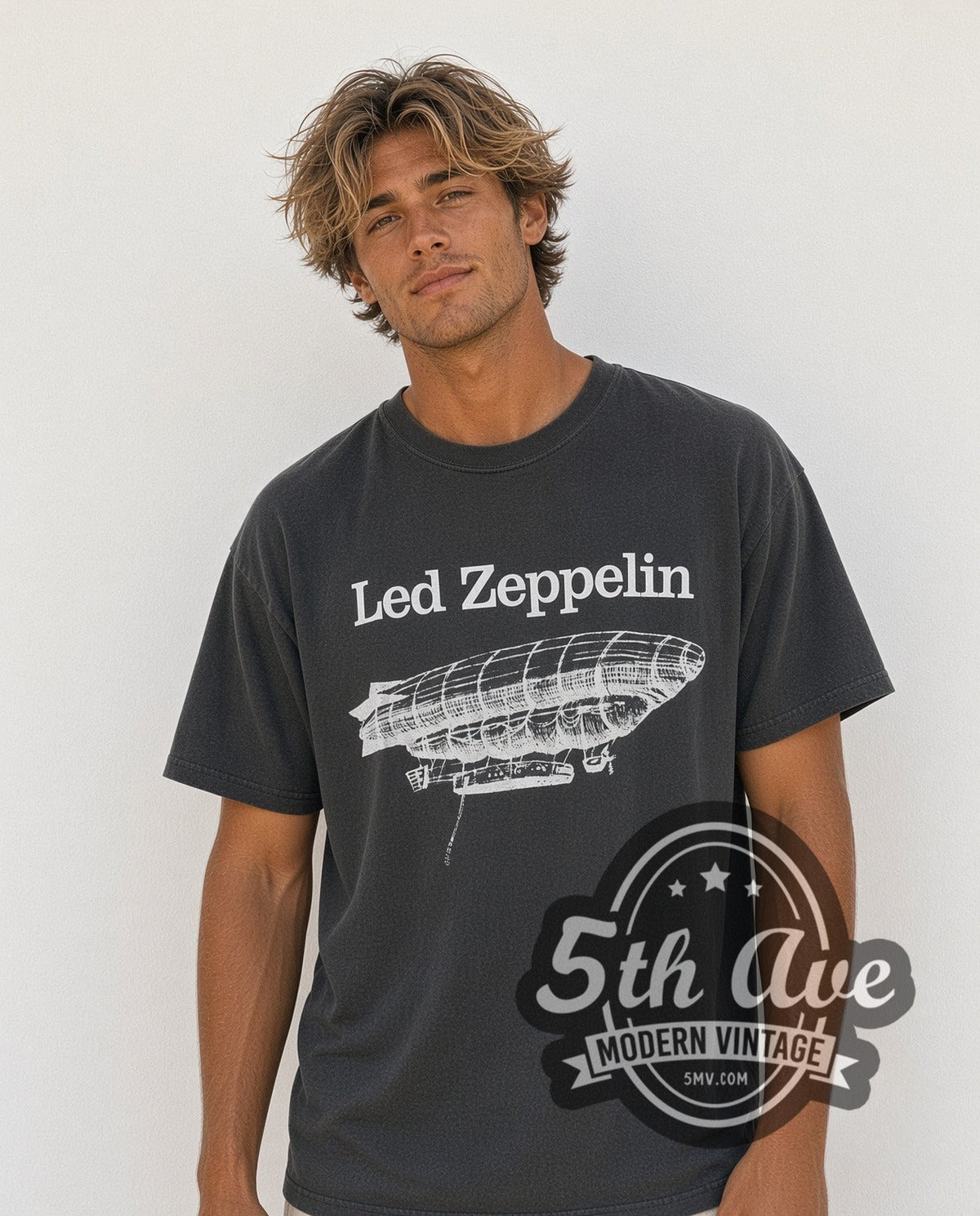 Model wearing the Led Zeppelin Airship vintage band t-shirt