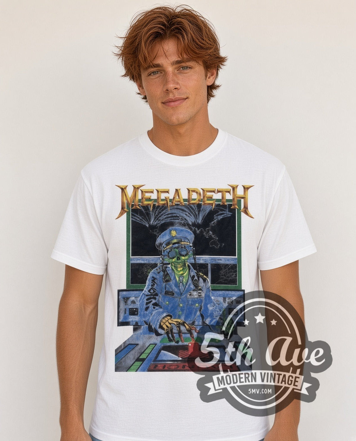 Model wearing the Megadeth Rust in Peace vintage band t-shirt in white
