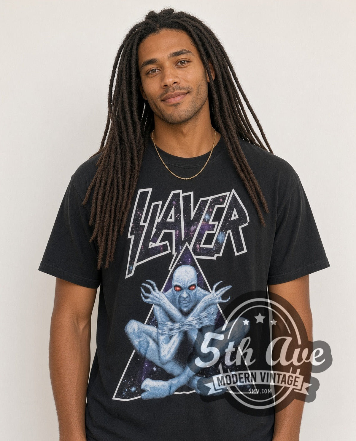 Model wearing the Slayer Divine Intervention Bound Monster Triangle vintage band t-shirt