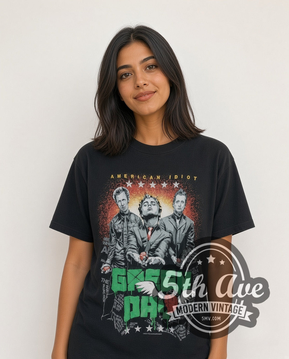 Model wearing the Green Day American Idiot Band Trio Heart Grenade vintage band t-shirt