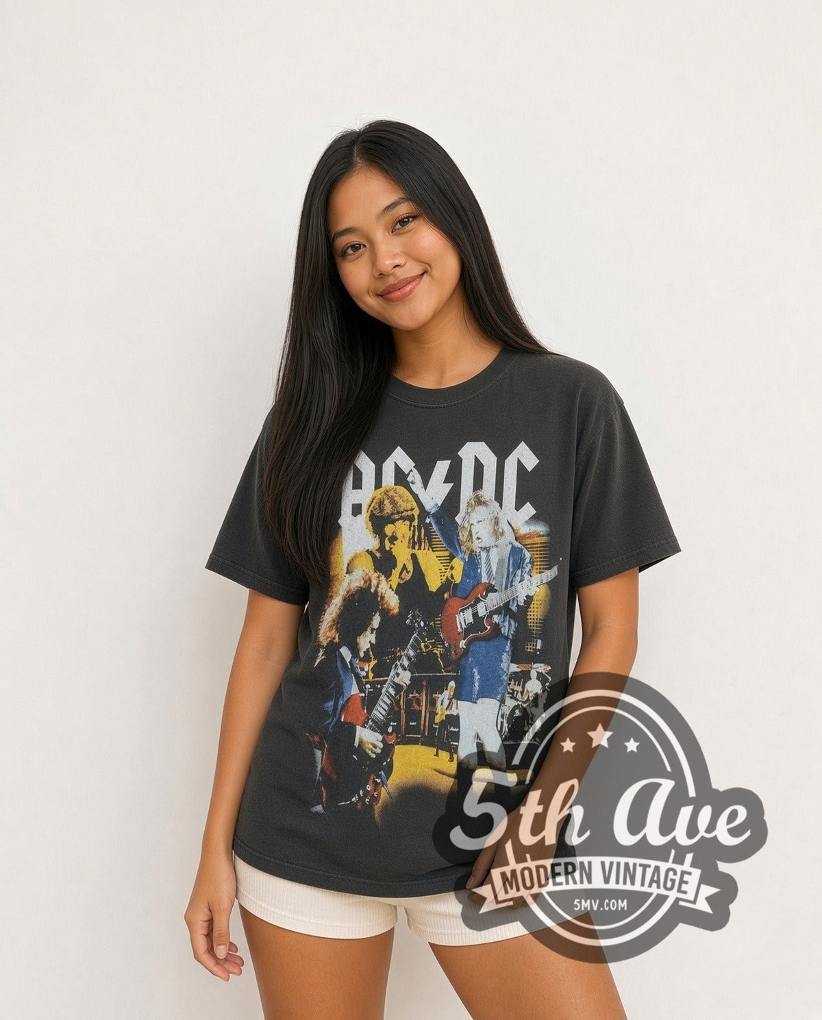 Model wearing the AC/DC Graphic vintage band t-shirt