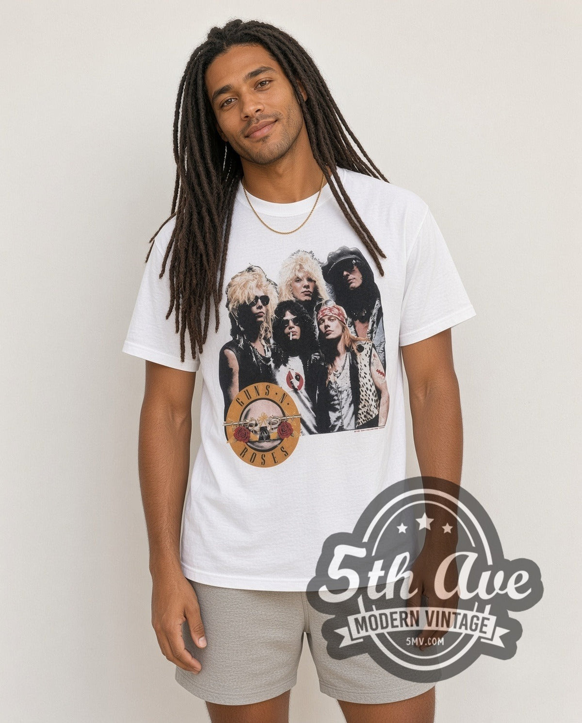 Model wearing the Guns N Roses Appetite Group vintage band t-shirt in white