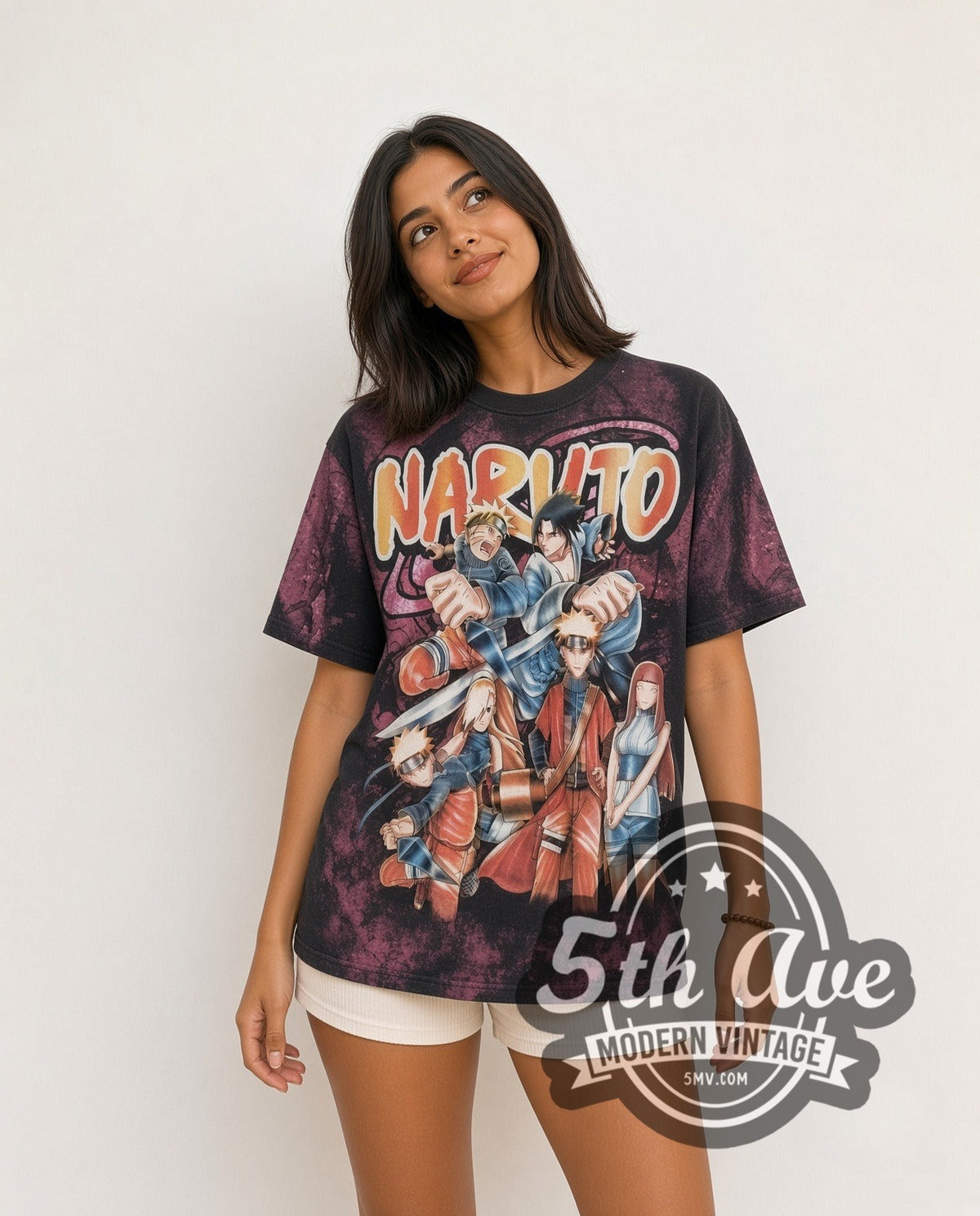 Model wearing the Naruto Shippuden all-over-print vintage graphic t-shirt