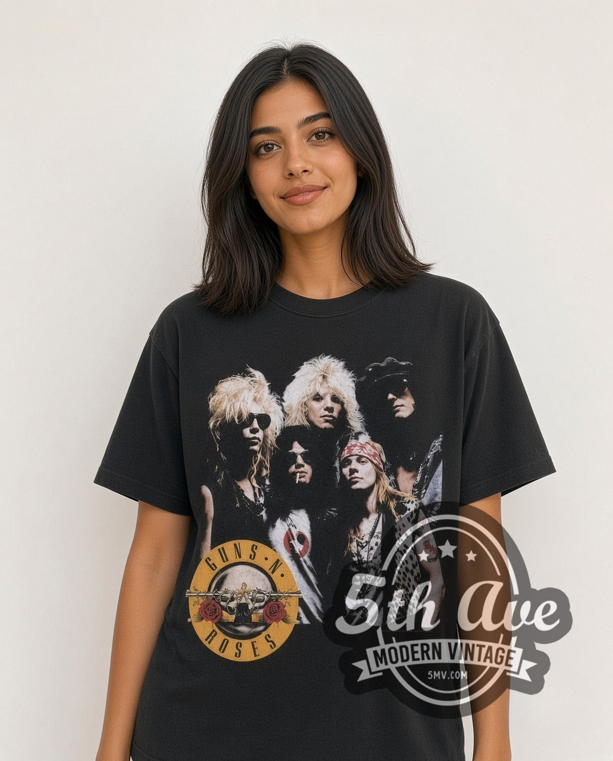 Model wearing the Guns N Roses Appetite Group vintage band t-shirt in black
