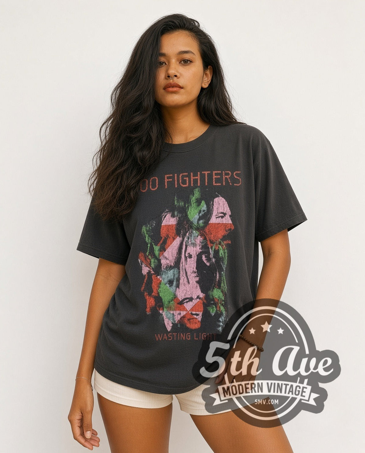 Model wearing the Foo Fighters Wasting Light vintage band t-shirt
