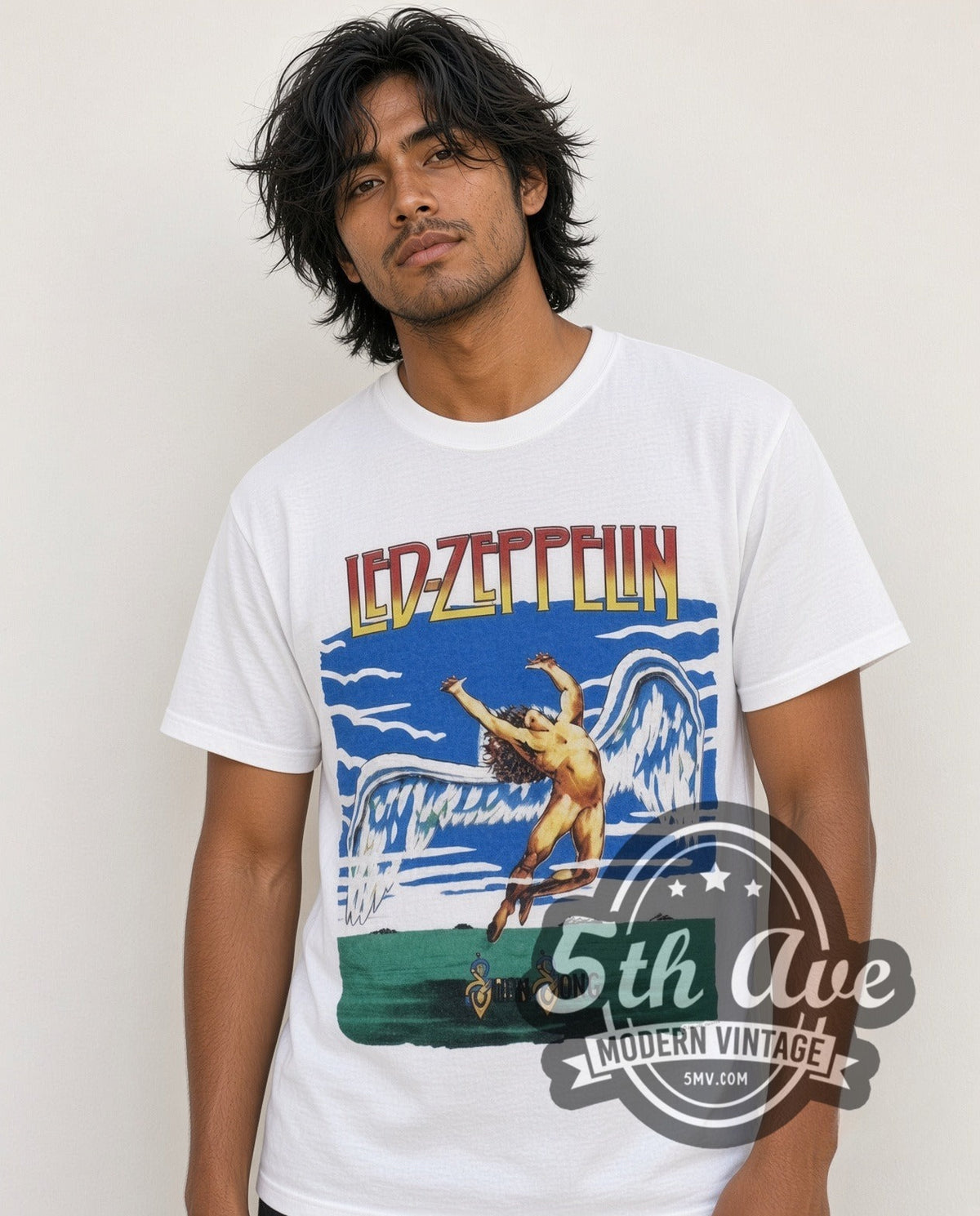 Model wearing the Led Zeppelin Swan Song vintage band t-shirt in white