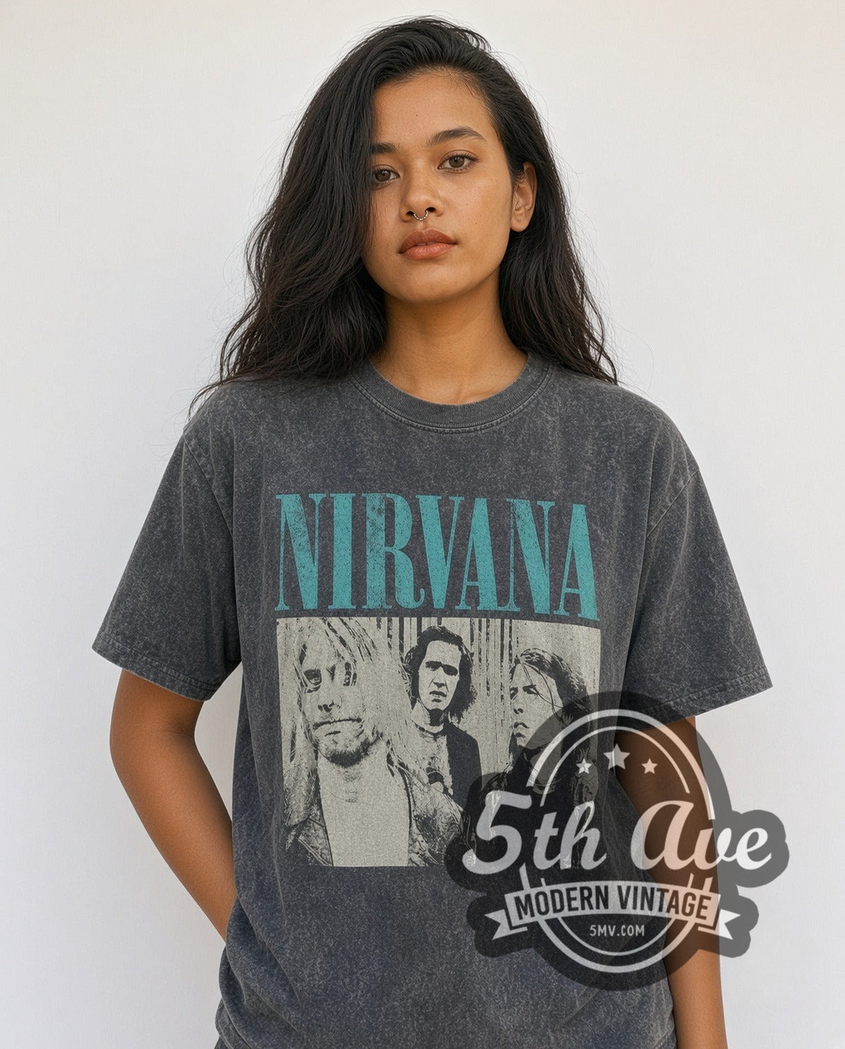 Model wearing the Nirvana Aqua Logo High-Contrast Trio vintage band t-shirt