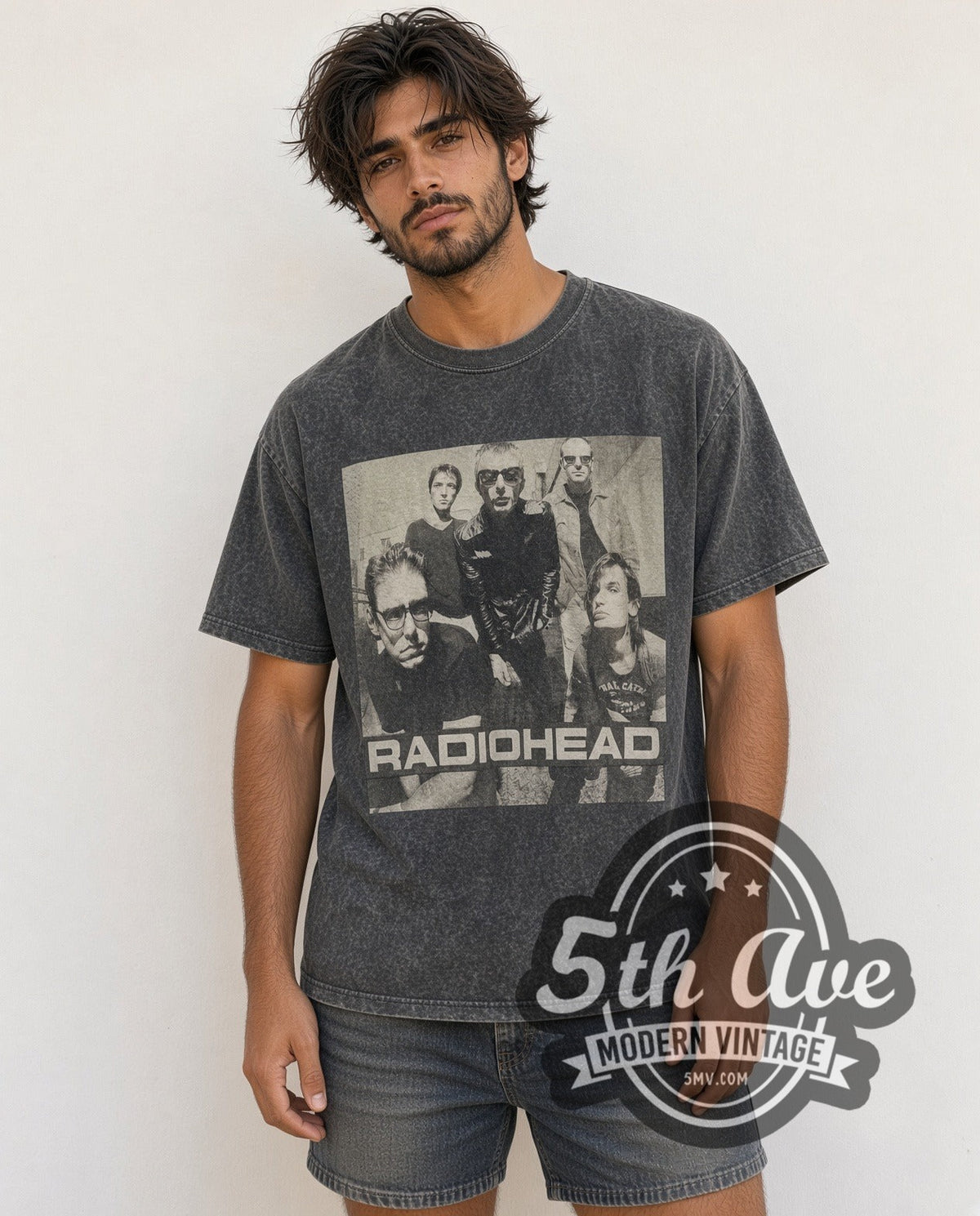 Model wearing the Radiohead Monochrome Band Photo Block Logo vintage band t-shirt