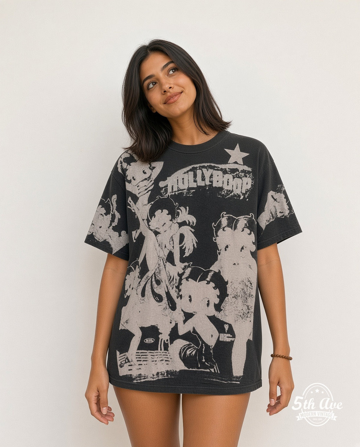 Model wearing the Betty Boop Holly Boop all-over-print graphic tee