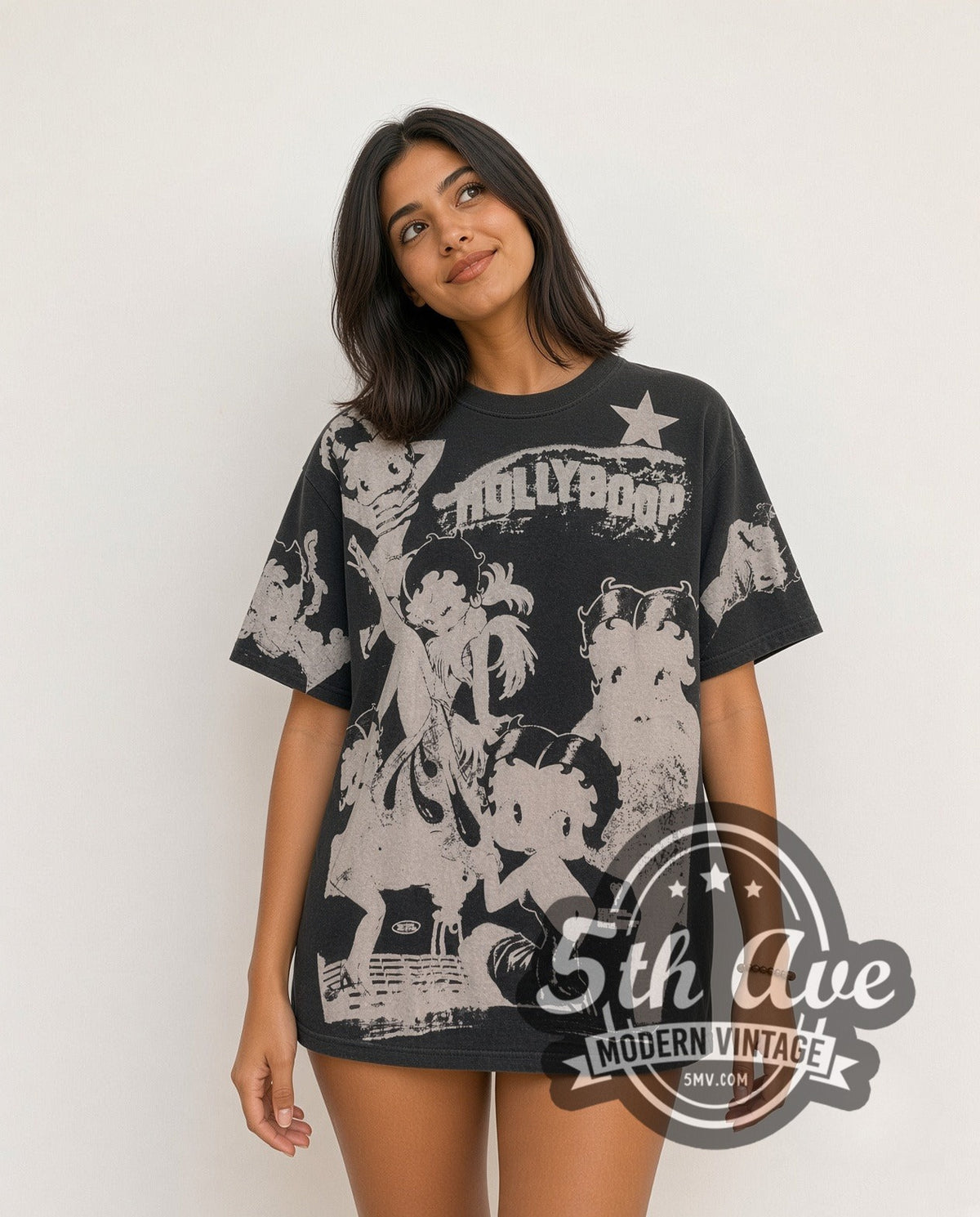 Model wearing the Betty Boop Holly Boop all-over-print vintage cartoon tee