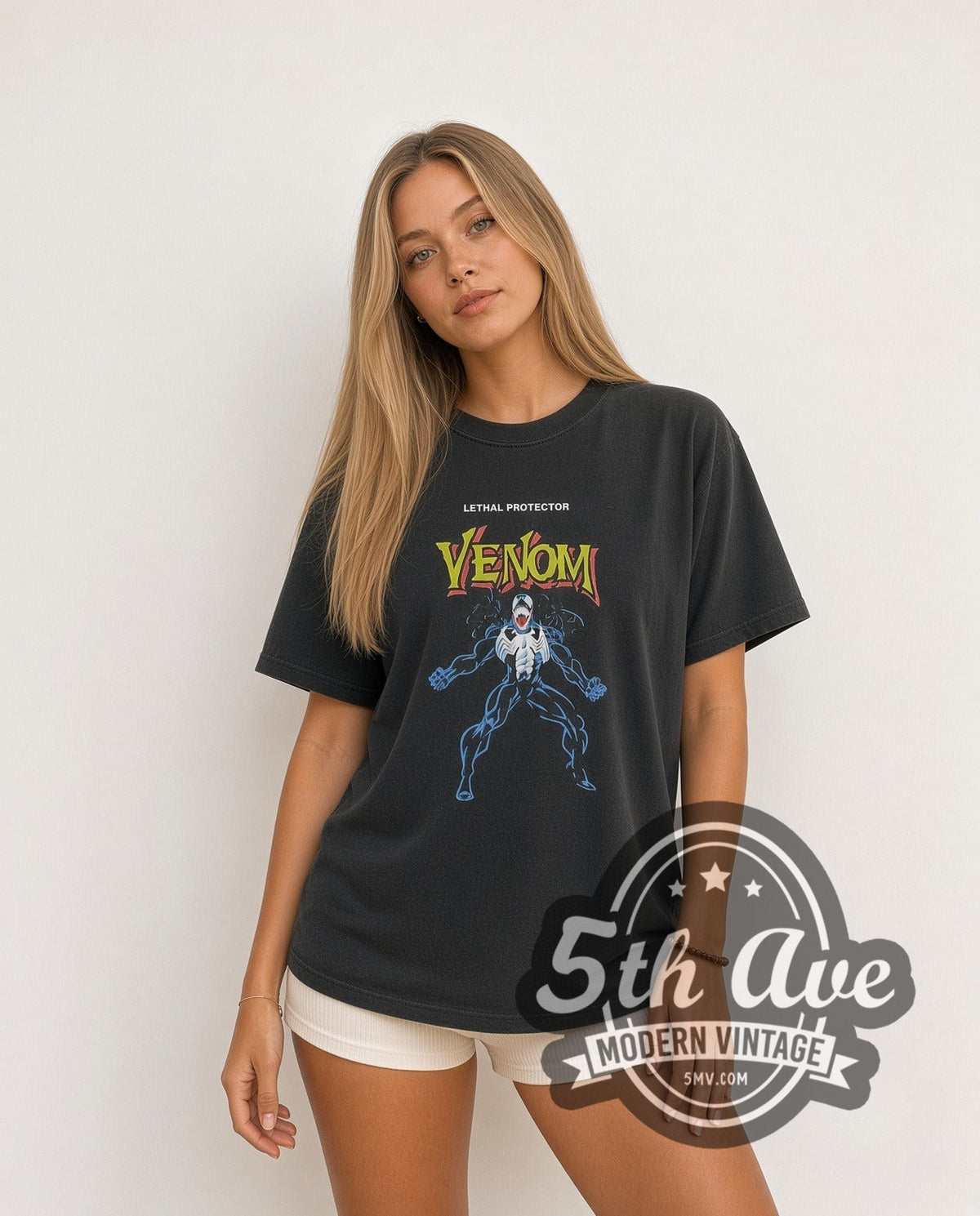 Model wearing the Venom Inside-Out Graphic vintage comic tee