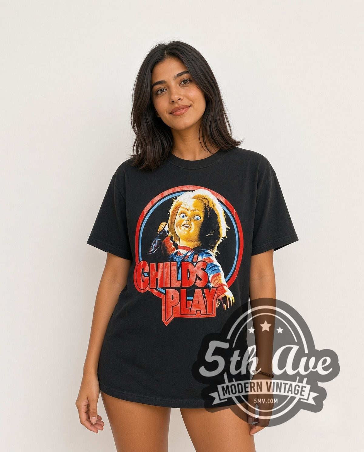 Model wearing the Child's Play Chucky Logo vintage movie t-shirt