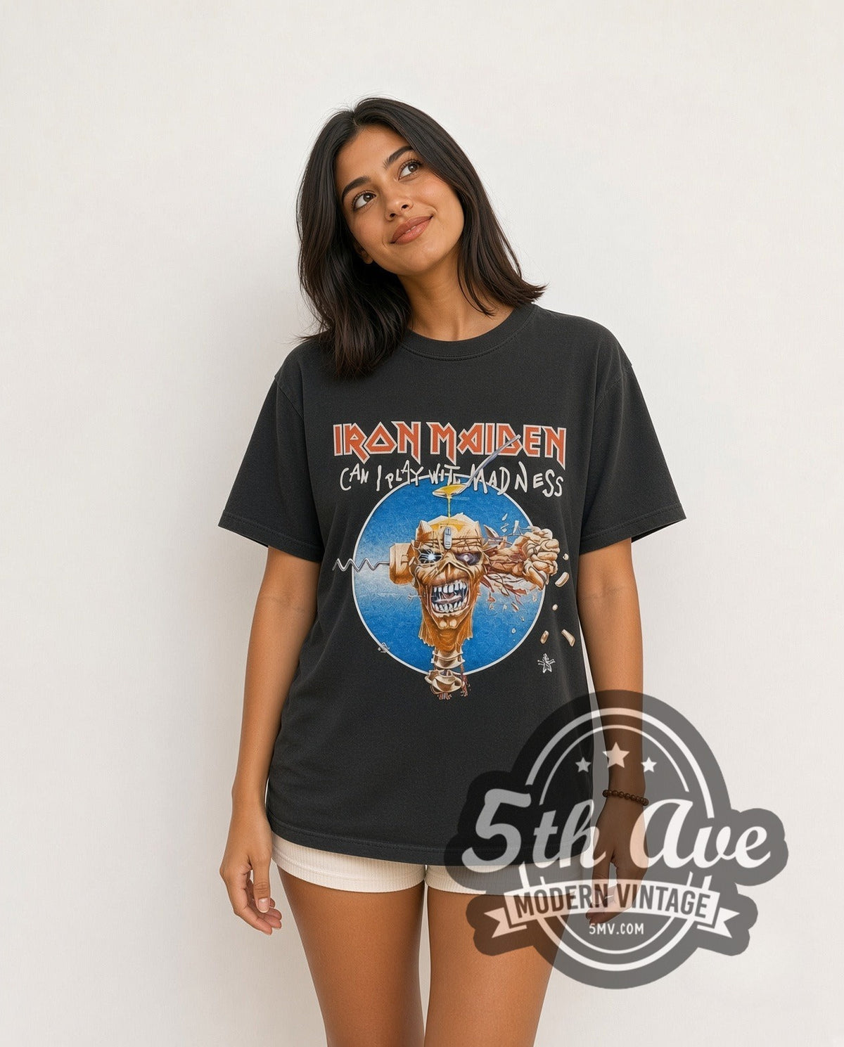 Model wearing the Iron Maiden Can I Play With Madness vintage band t-shirt