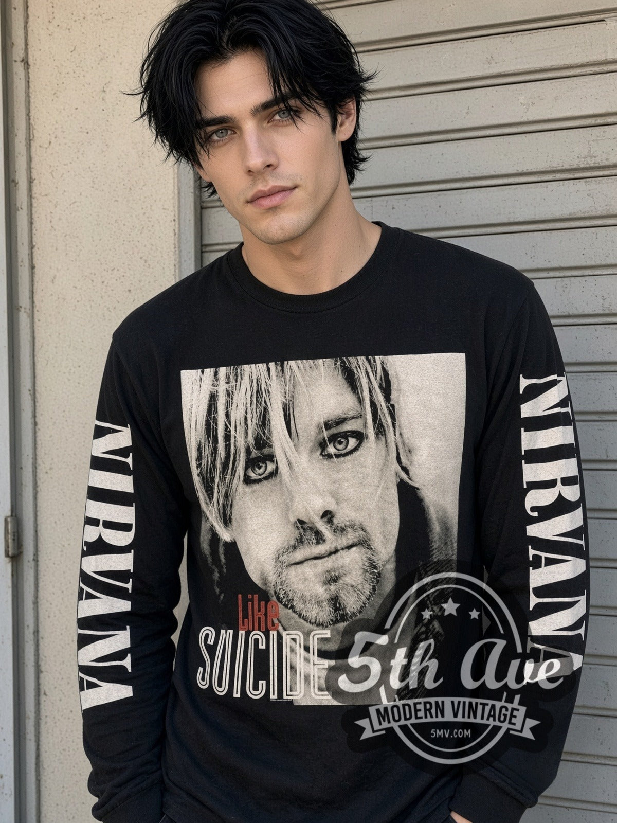Model wearing the Nirvana Like Suicide Portrait vintage band long sleeve t-shirt