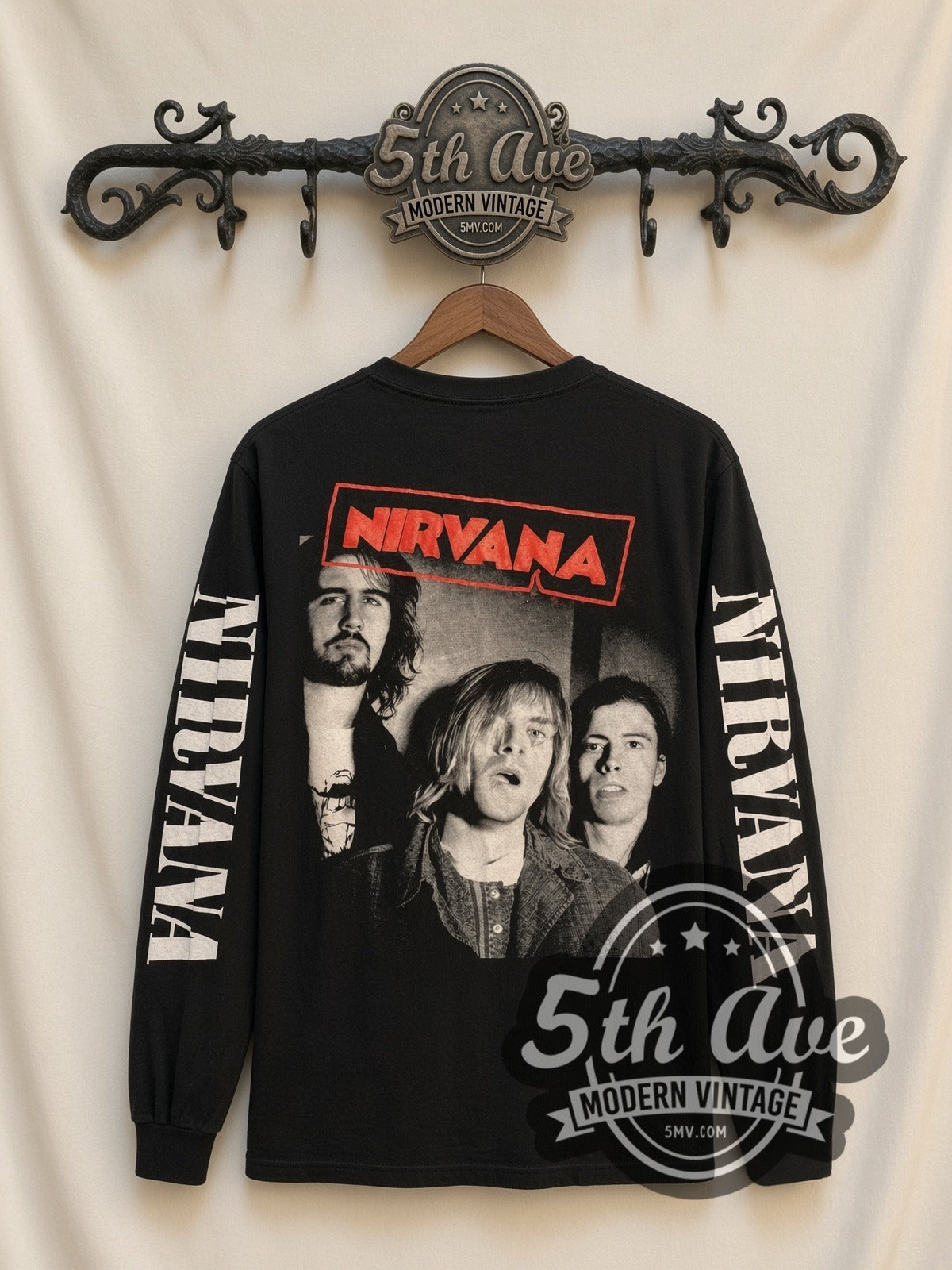 Nirvana Like Suicide Portrait vintage band long sleeve t-shirt, back view on a display rack