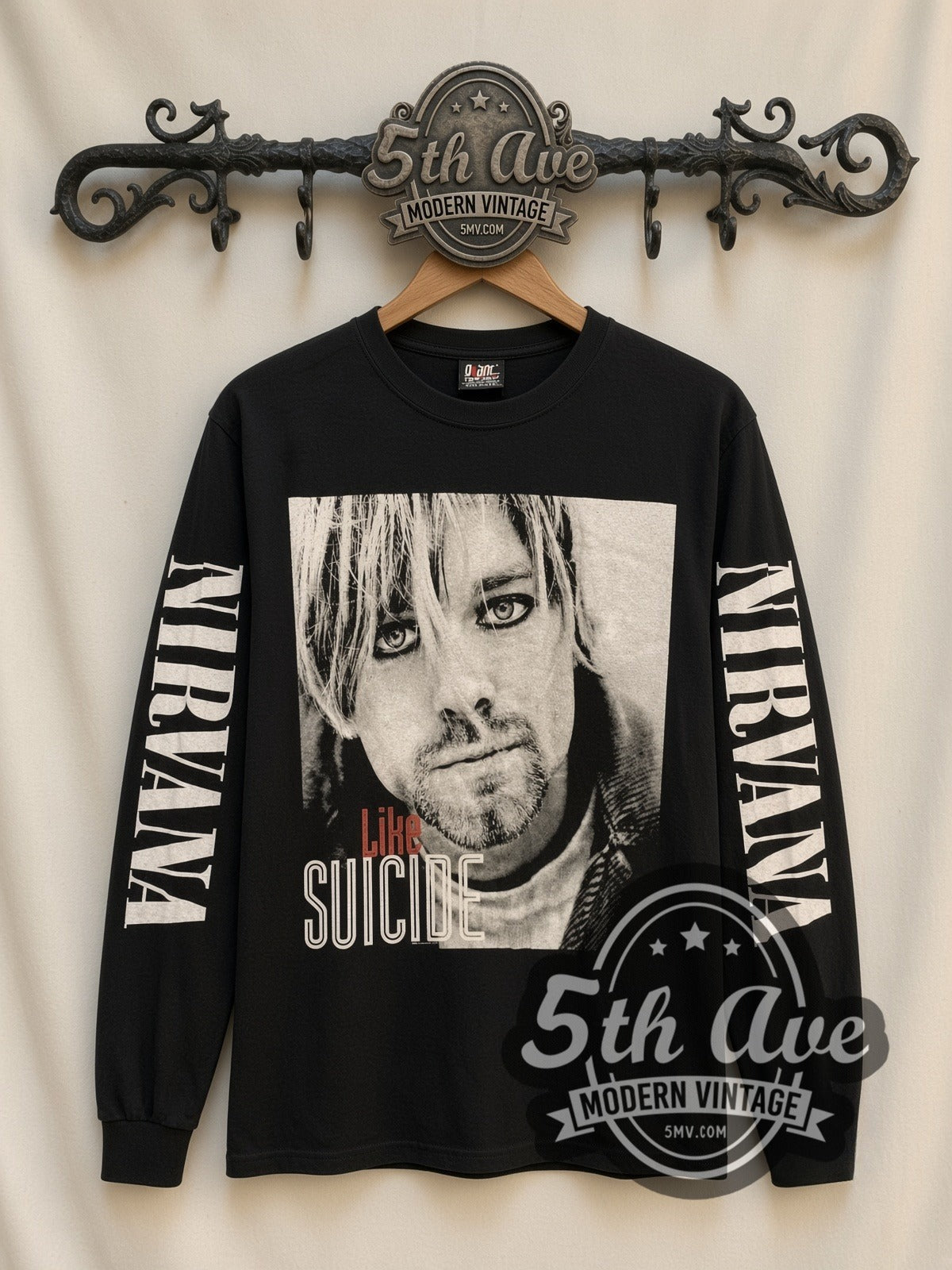 Nirvana Like Suicide Portrait vintage band long sleeve t-shirt, front view on a display rack
