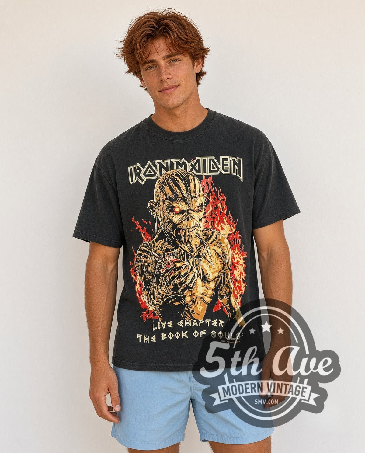 Model wearing the Iron Maiden Live Chapter the Book of Souls vintage band t-shirt