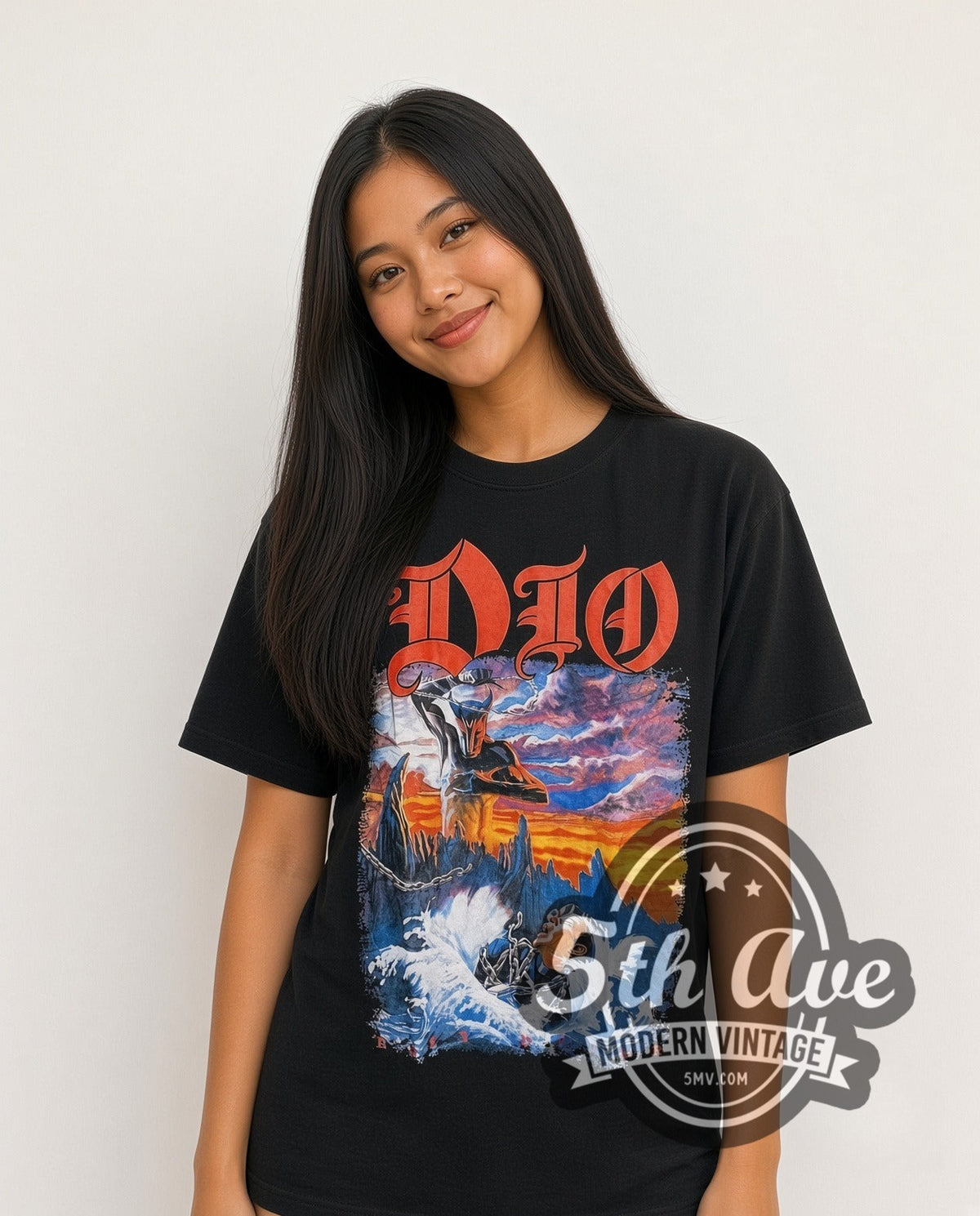 Model wearing the Dio Holy Diver Full Scene Priest Drowning vintage band t-shirt