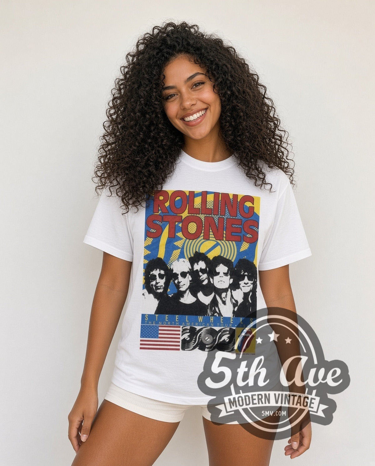 Model wearing the Rolling Stones Steel Wheels Band vintage band t-shirt in white