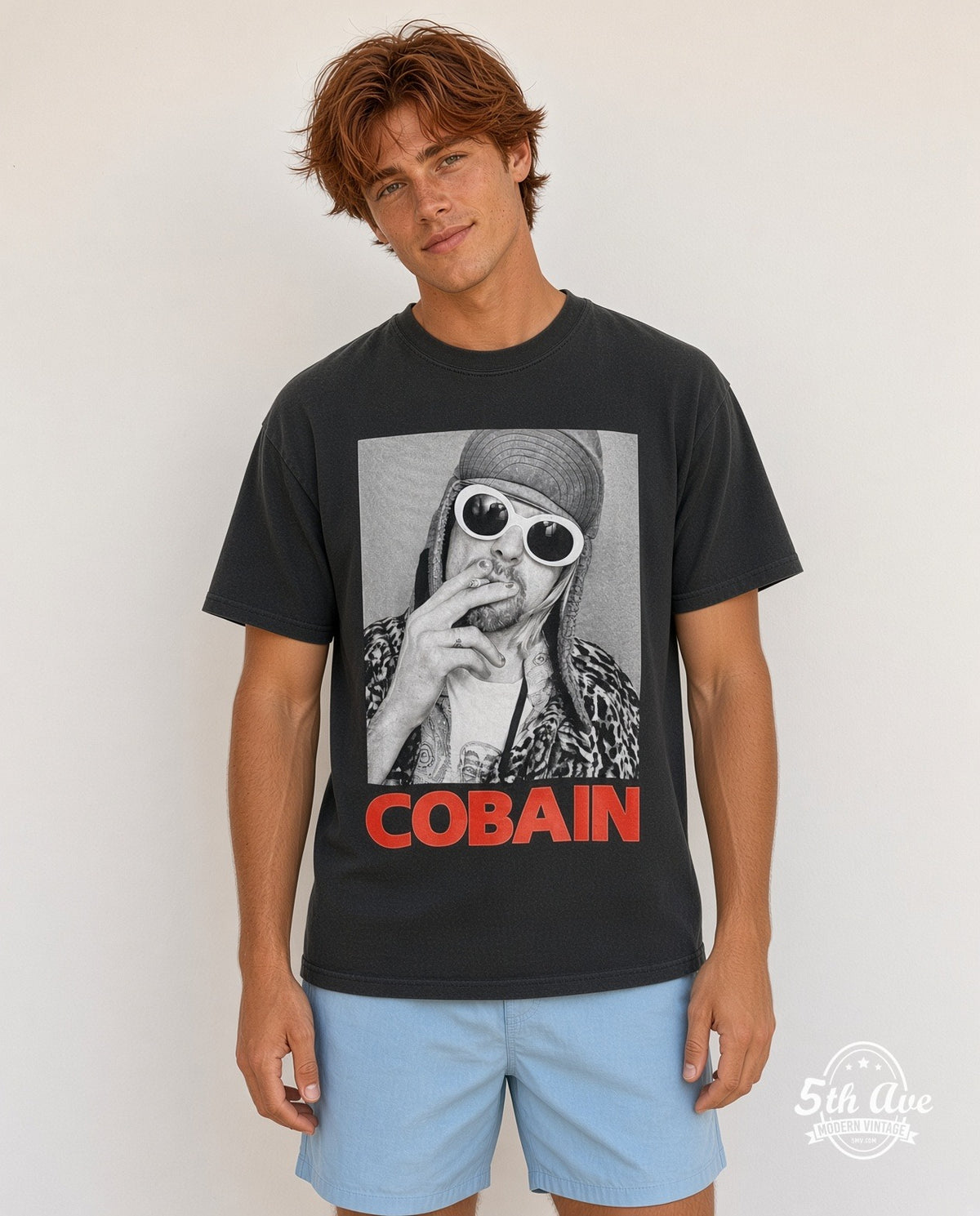 Model wearing the Nirvana Classic Retro Graphic vintage band t-shirt