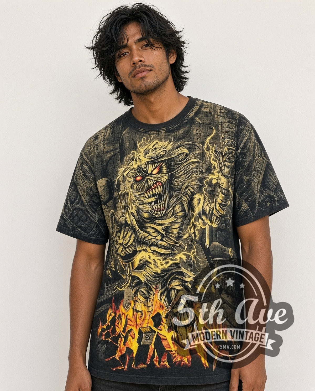 Model wearing the Iron Maiden Somewhere Back in Time all-over-print vintage band t-shirt