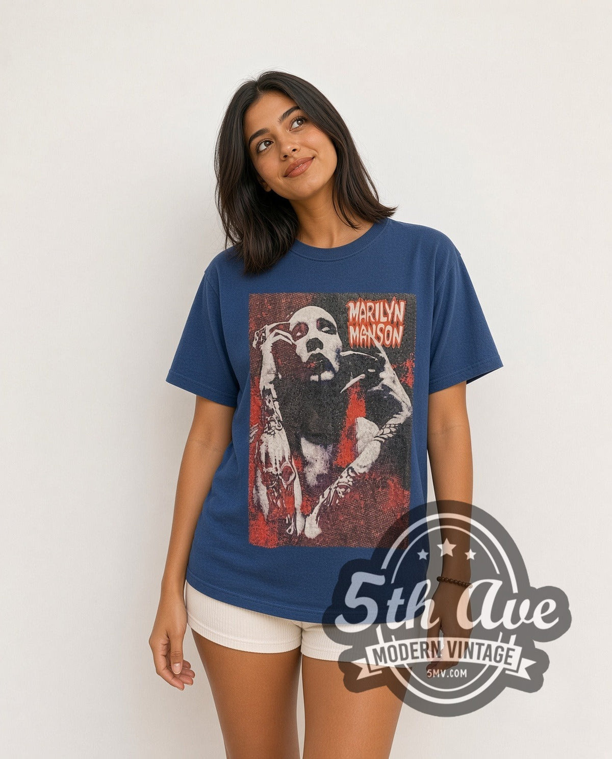 Model wearing the Marilyn Manson Halftone Red Portrait Hands Raised vintage band t-shirt