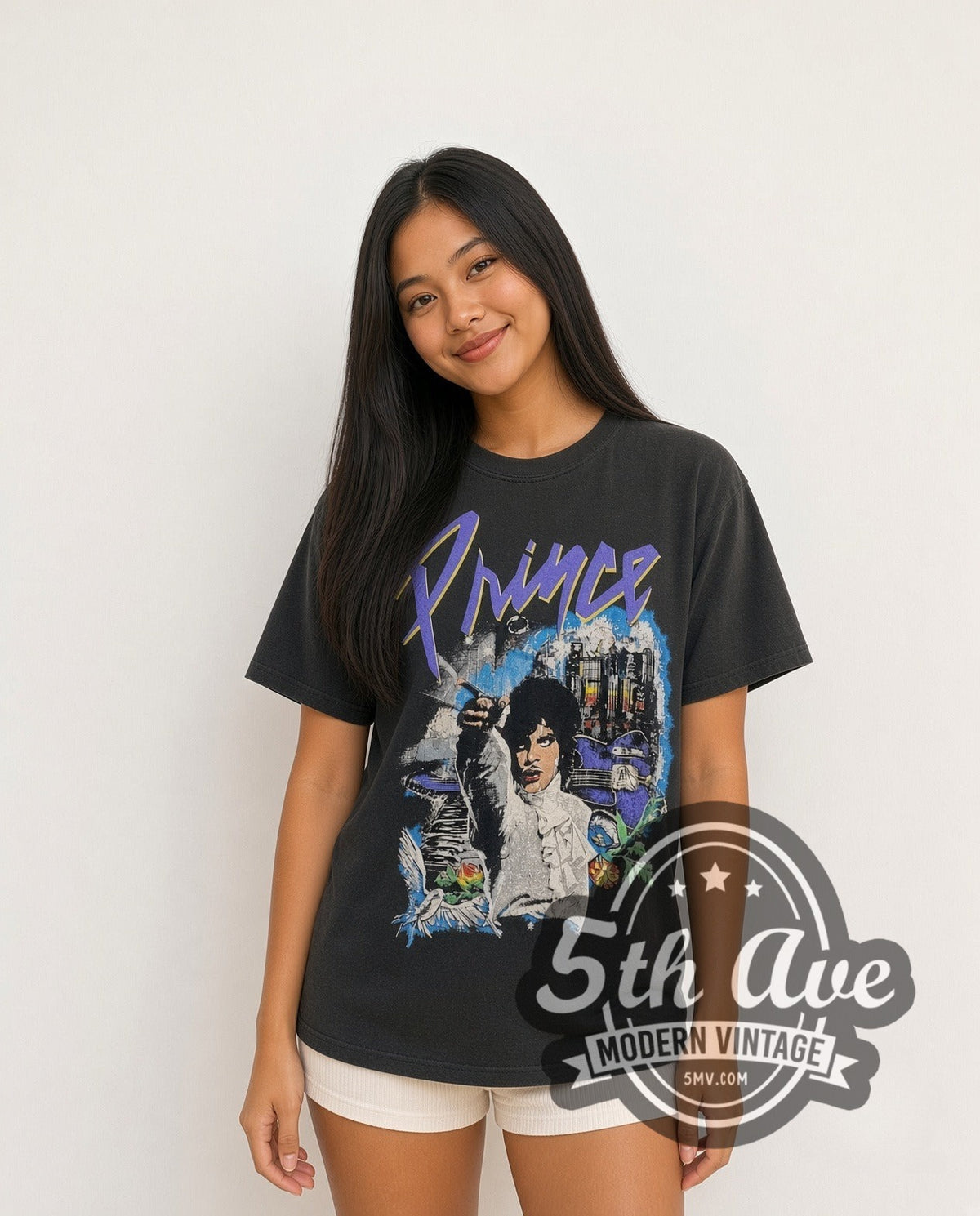 Model wearing the Prince and the Revolution vintage band t-shirt