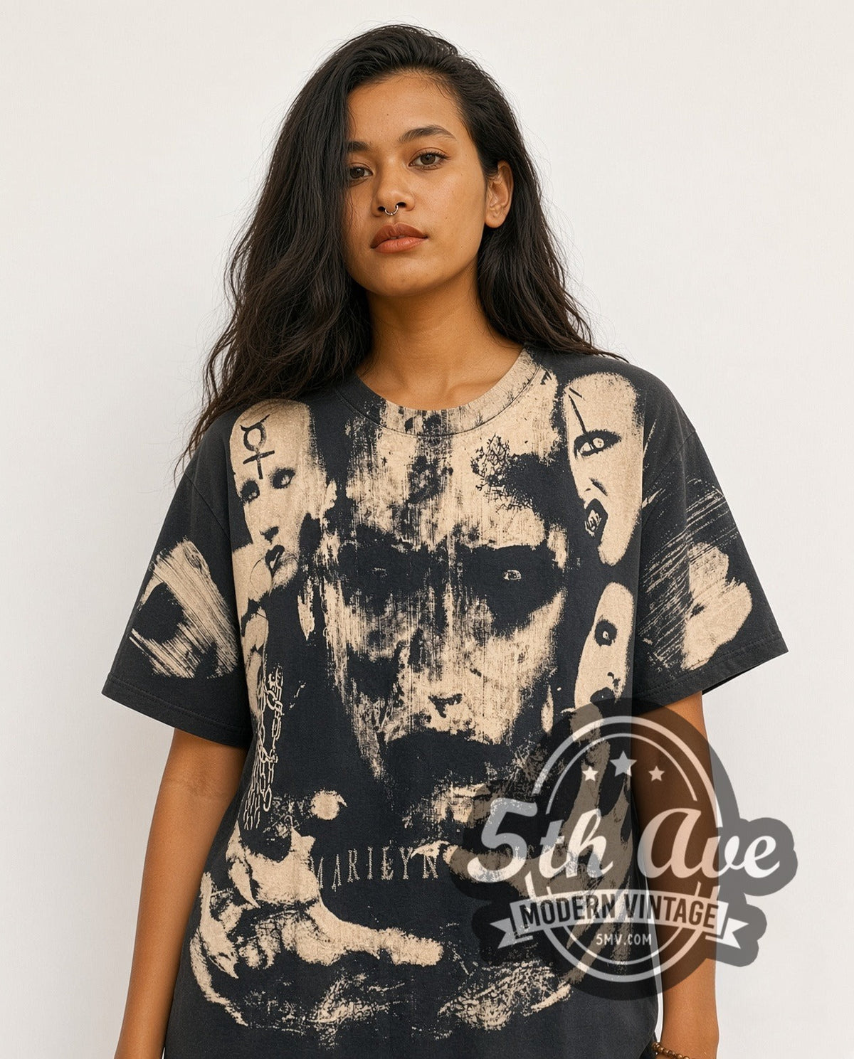 Model wearing the Marilyn Manson all-over-print vintage band t-shirt (photo 4)