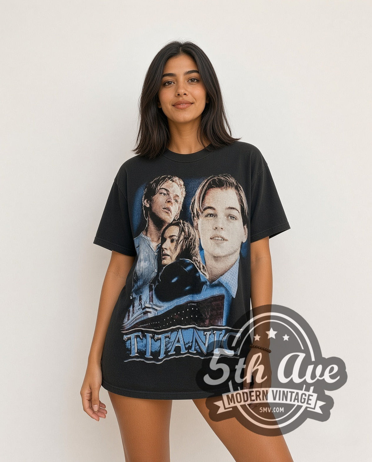 Model wearing the Titanic all-over-print vintage graphic t-shirt