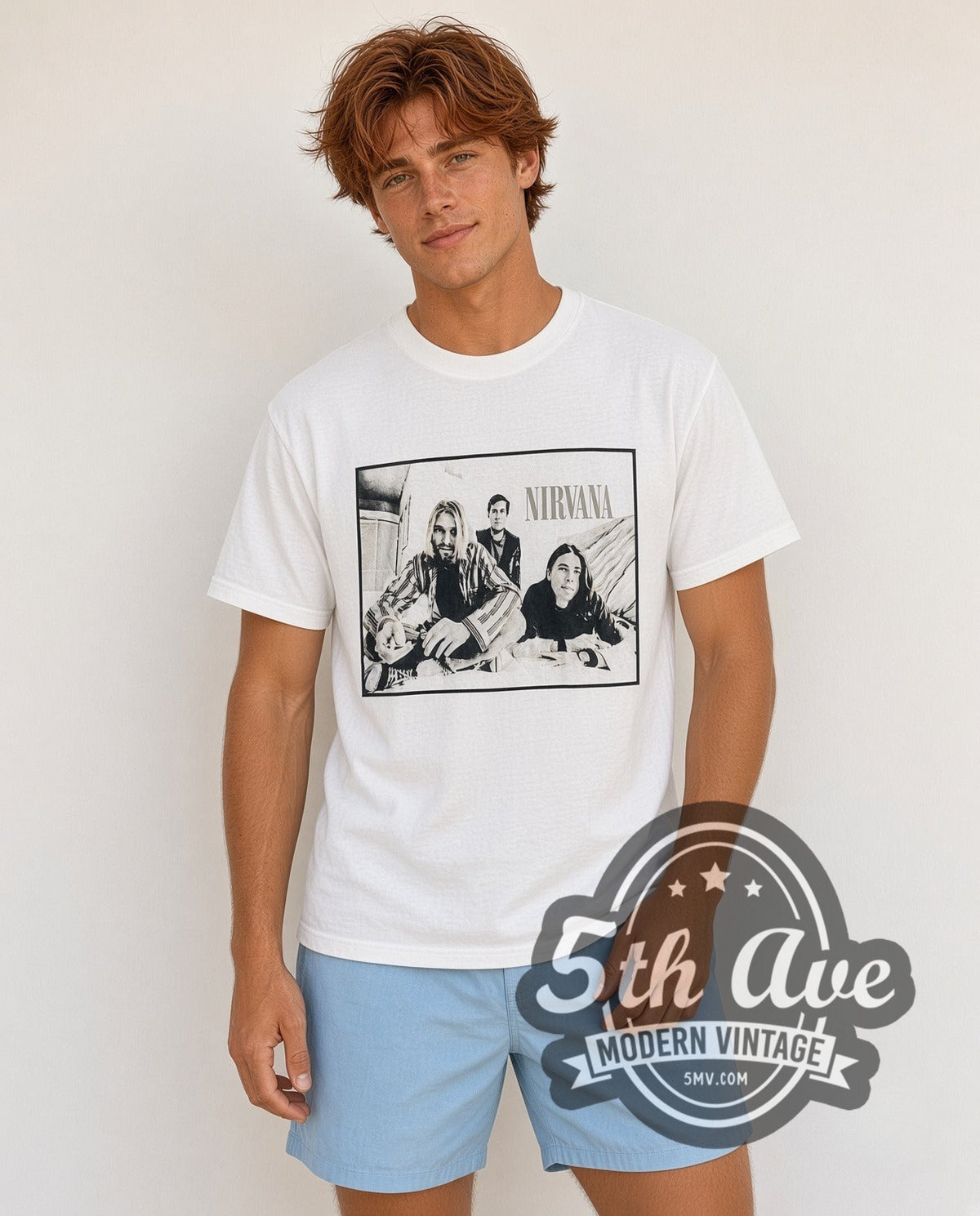Model wearing the Nirvana Band Photo Kurt Plaid Portrait vintage band t-shirt